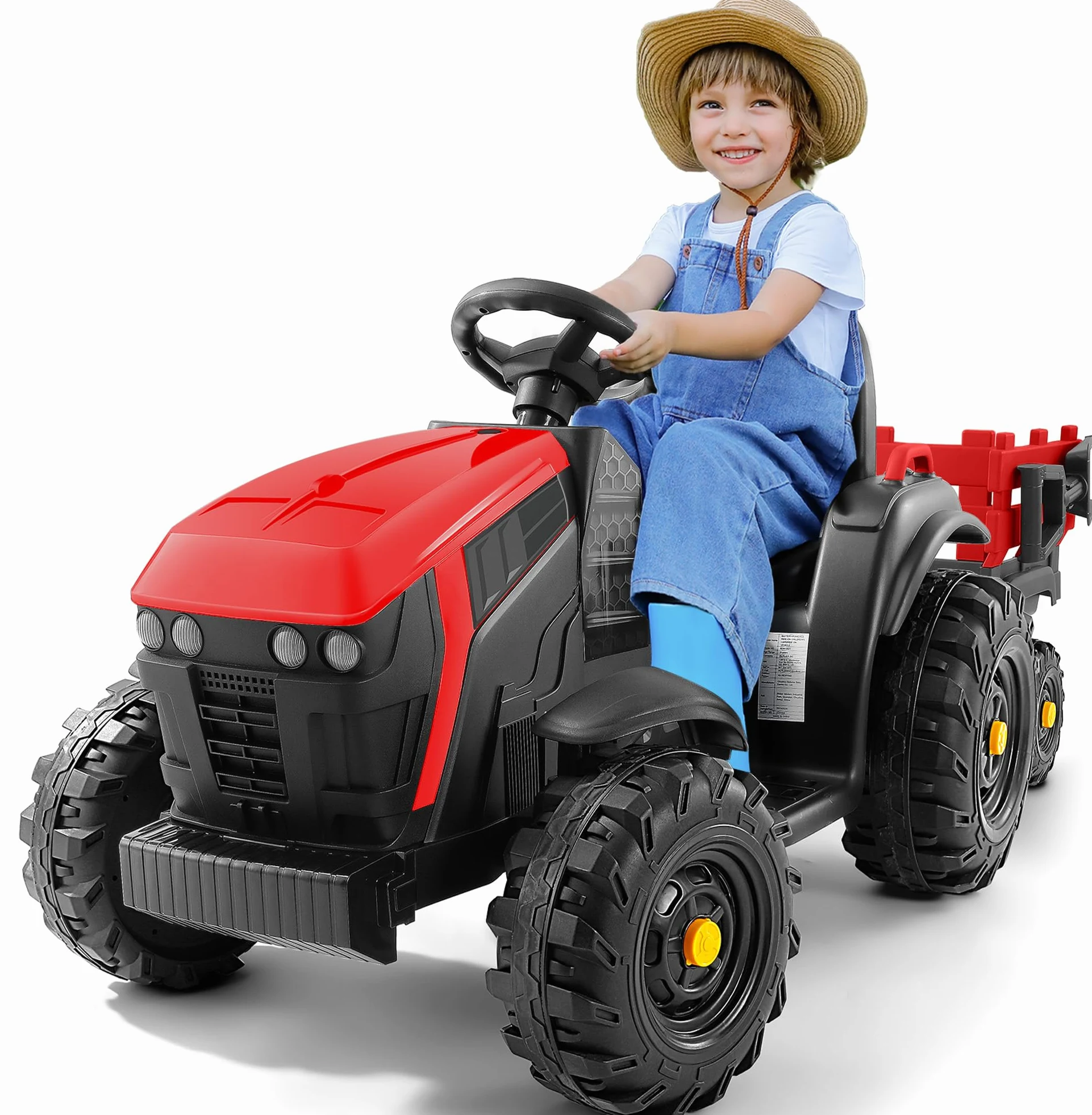 ELEMARA 24V 9AH Tracteur Electrique Enfant avec remorque Amovible Facile,400W Motors Voiture électrique Enfant, Jouet Tracteur Electrique,Ceinture de sécurité à 3 Points pour Les âges 3 +, Rouge