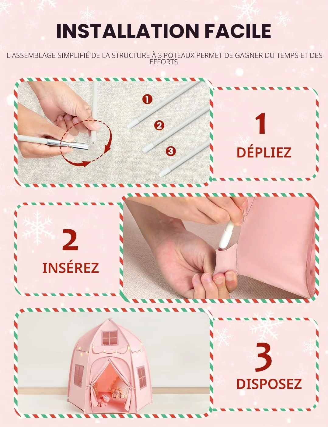 Besrey Tente Château pour Enfant - Cabane Intérieure avec Lumières, Rose