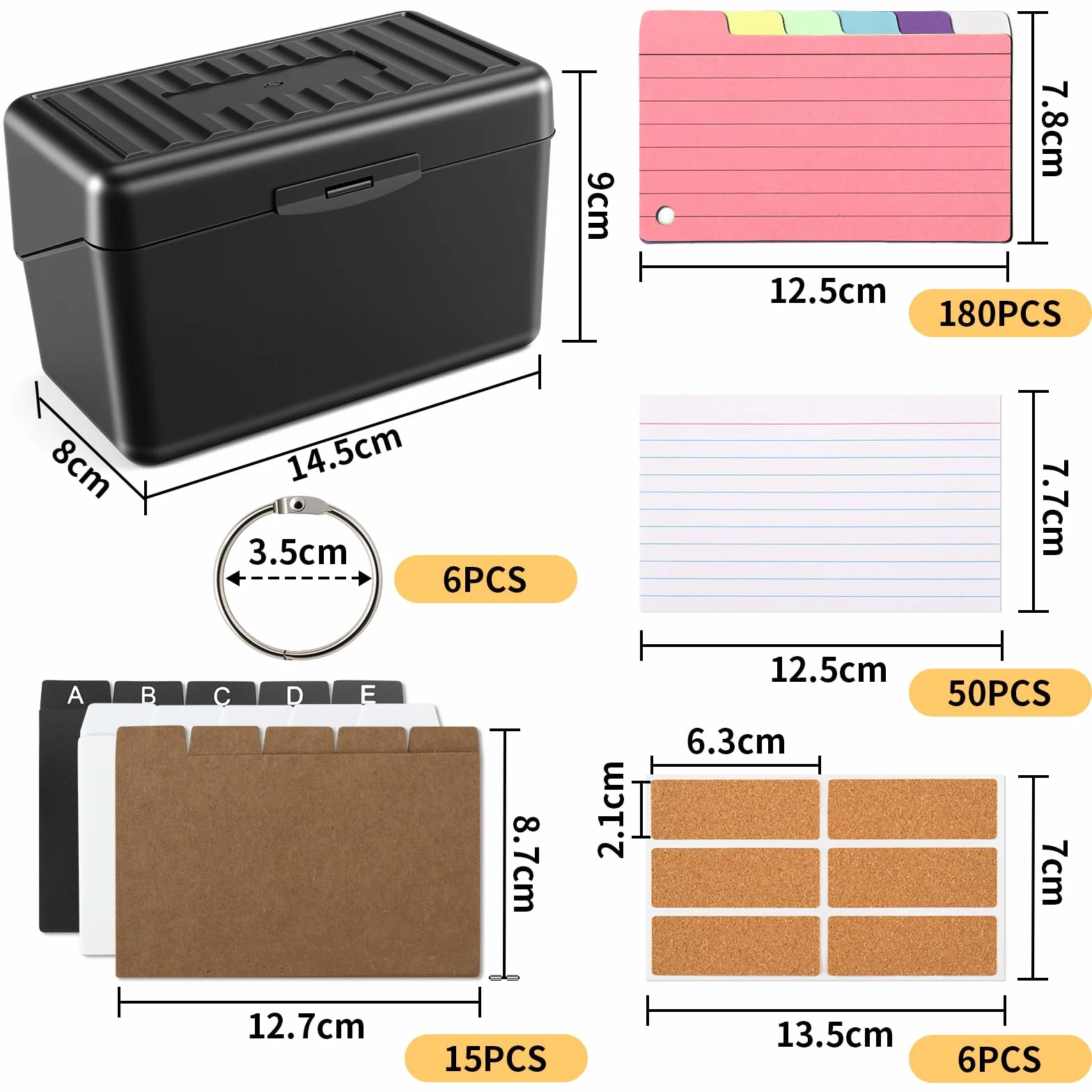 Kit Boîtes à Fiches Noir 230 Fiches Lignées Colorées 15 Registres 6 Anneaux