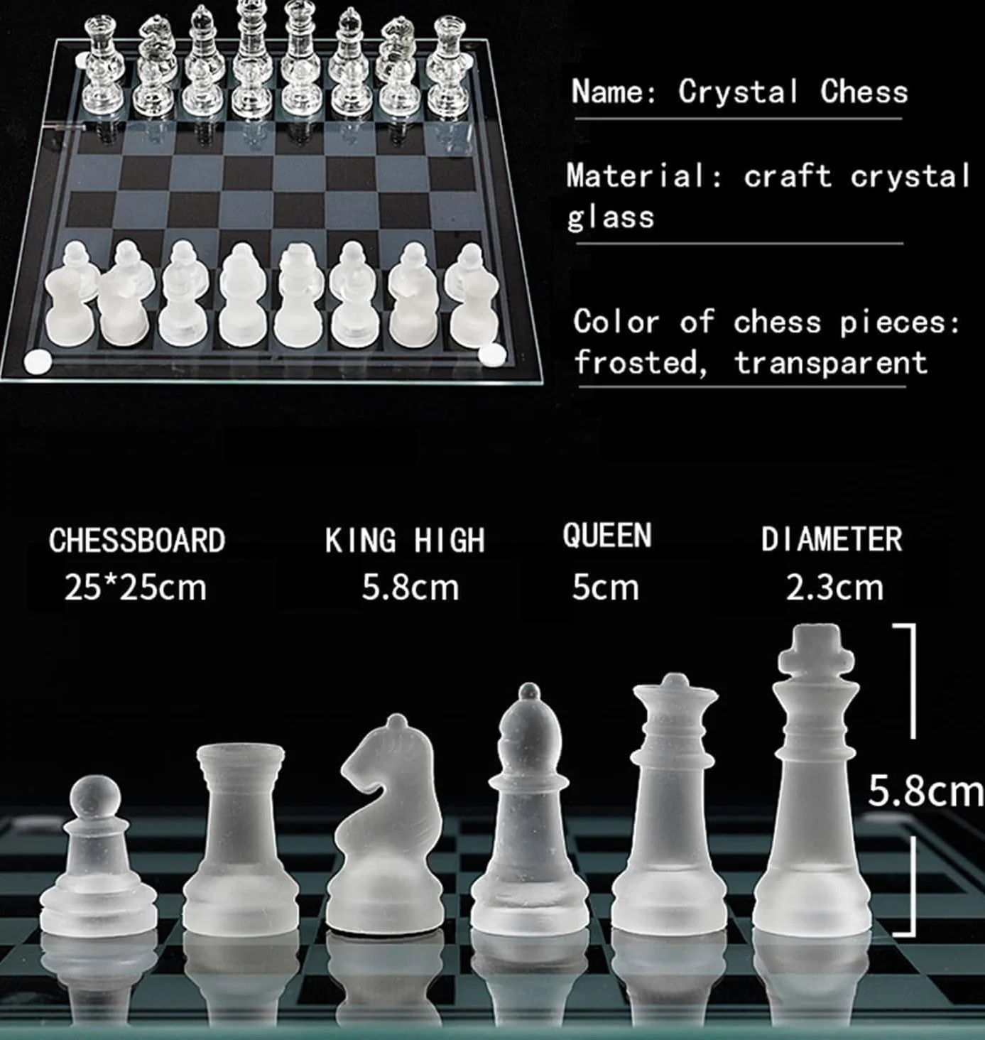 Jeu d'échecs en verre fin - Échecs en verre massif et échiquier miroir en cristal 25,4 x 25,4 cm - Cadeau pour adolescents et adultes - Noir