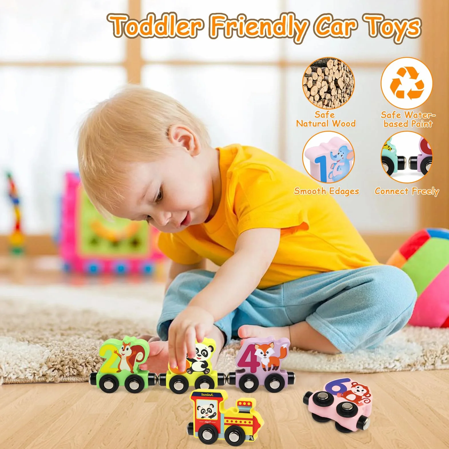 Train Jouet en Bois pour Enfant, Aimant Numéro Set, Montessori Voitures à Moteur Magnétique, Jeux Educatif 1-4 Ans