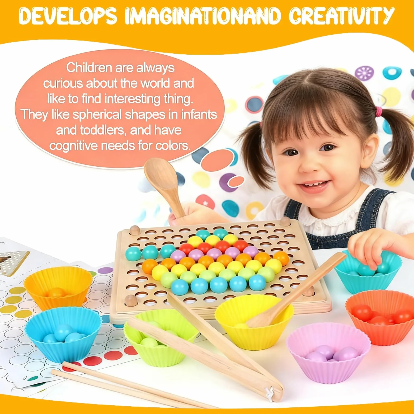 Jeu de Perles à Clip Rainbow Beads Montessori en Bois Jeux Éducatifs Motricité Fine 3 Ans