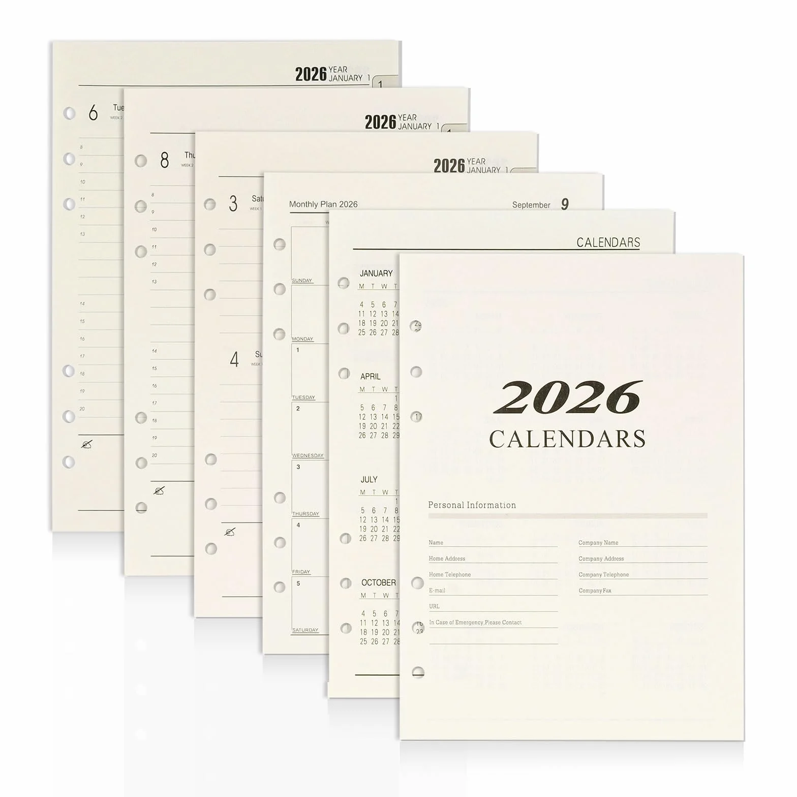 Agenda Semainier 2026 A5 6 Trous Recharge 176 Feuilles Organiseur Janvier à Décembre 2026 Papier 139 x 206 mm