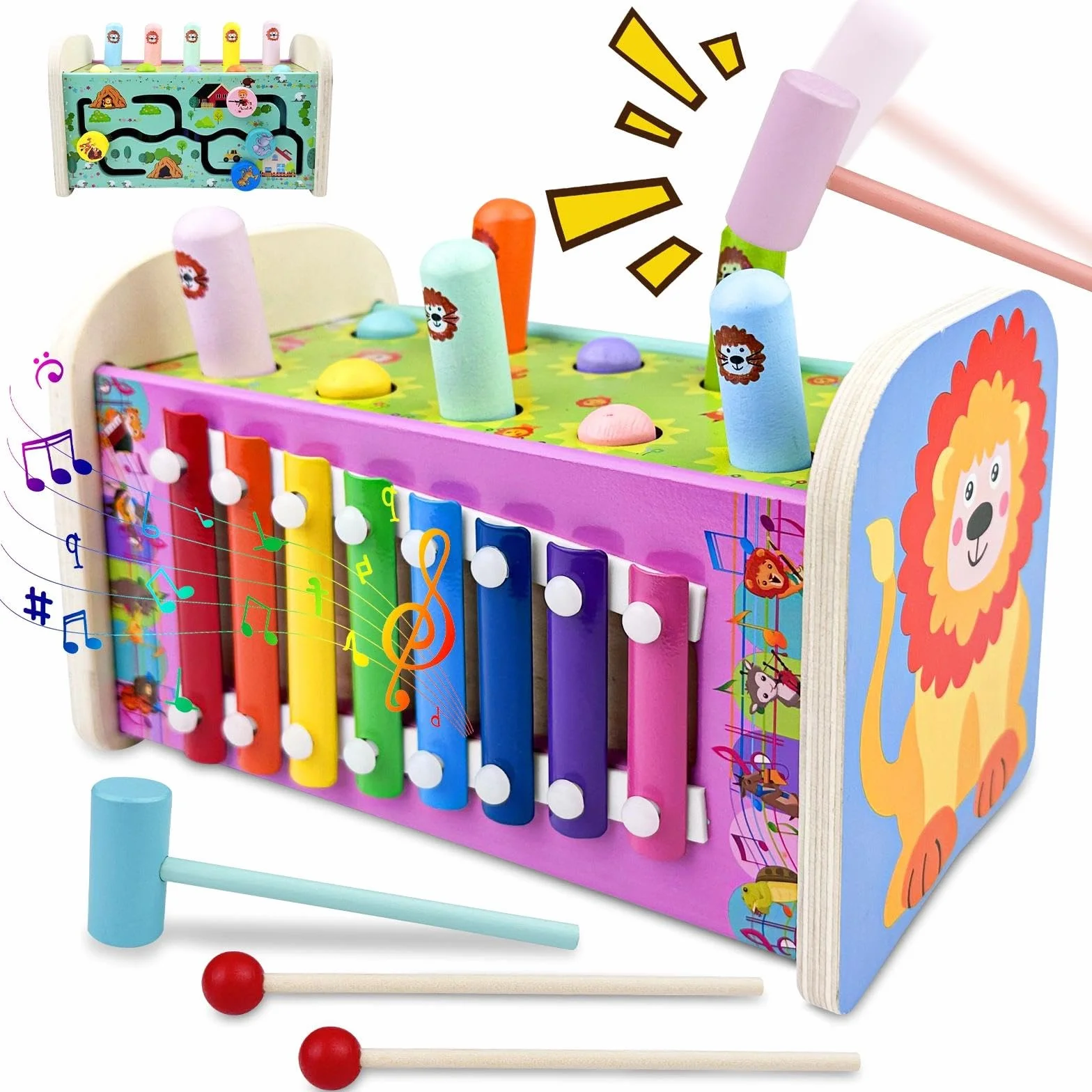 Jouet Xylophone Bebe 3 en 1, Montessori Marteau en Bois, Jeux Chasse Taupe, Banc À Marteler, Motricité Fine Cadeau Enfant 1-4 Ans