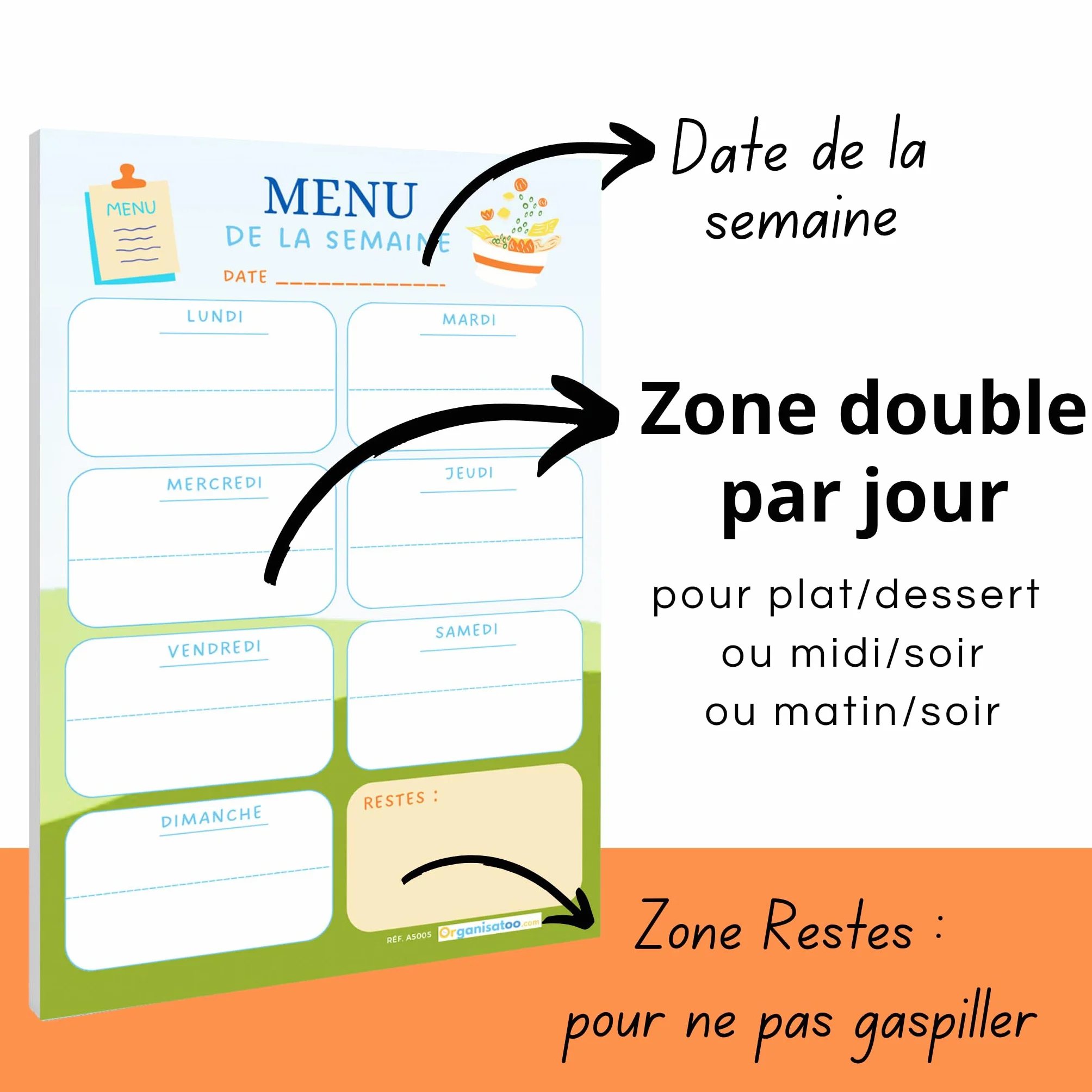 Bloc menu de la semaine - planificateur des repas hebdomadaire A5 - organisation quotidien 50 pages