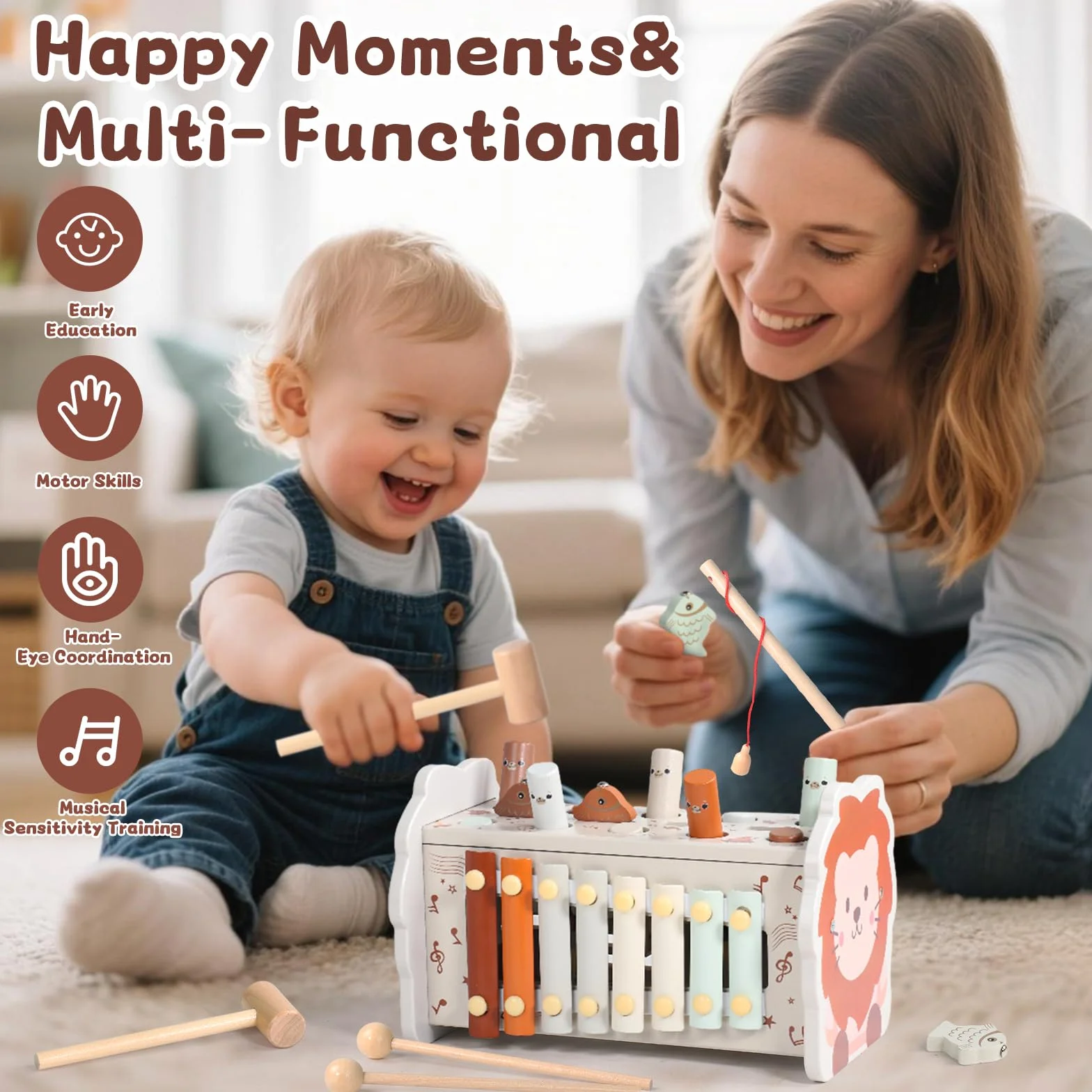 Jouet Montessori 1 an 4 en 1 Tape-Taupe Xylophone Bebe Pêche Labyrinthe Bois Educatif