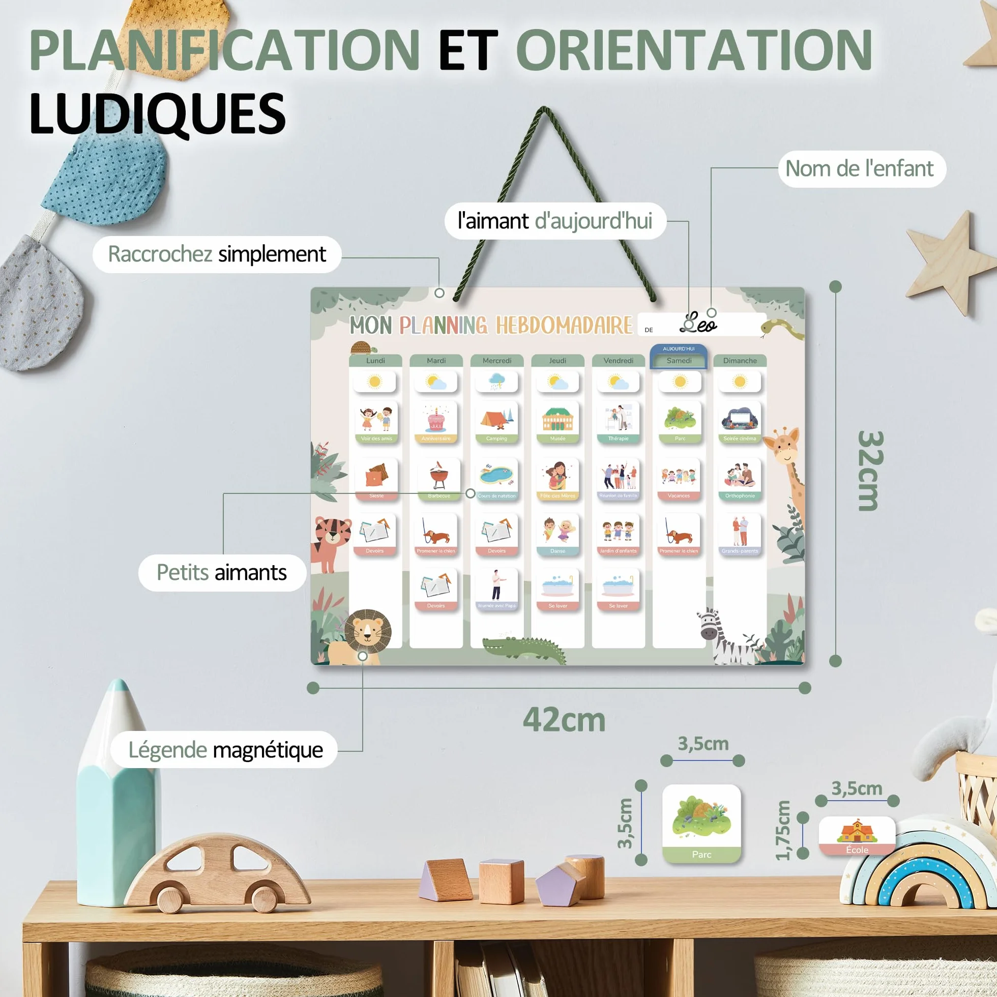 Planning de Semainier Enfant Montessori 42x32 cm avec 177 Aimants - Tableau de Récompense Effaçable et Réutilisable