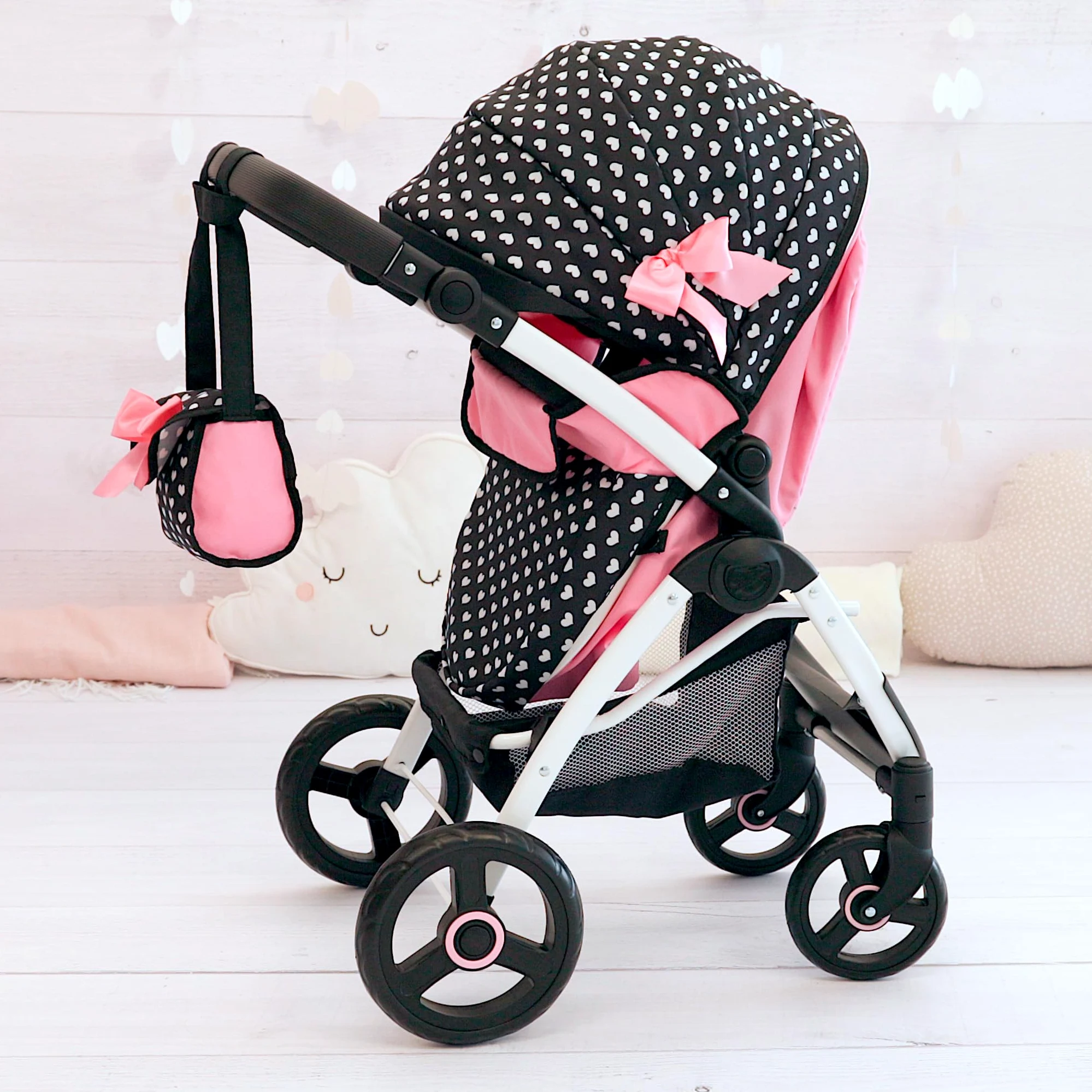Bayer Design 17560AA Landau de poupée City Max avec Sac, réglable en Hauteur, Roues Avant pivotantes, Transformable en Poussette Canne, Panier intégré, Noir, Rose | réglable en hauteur, roues avant pivotantes, transformable en poussette canne, panier inté