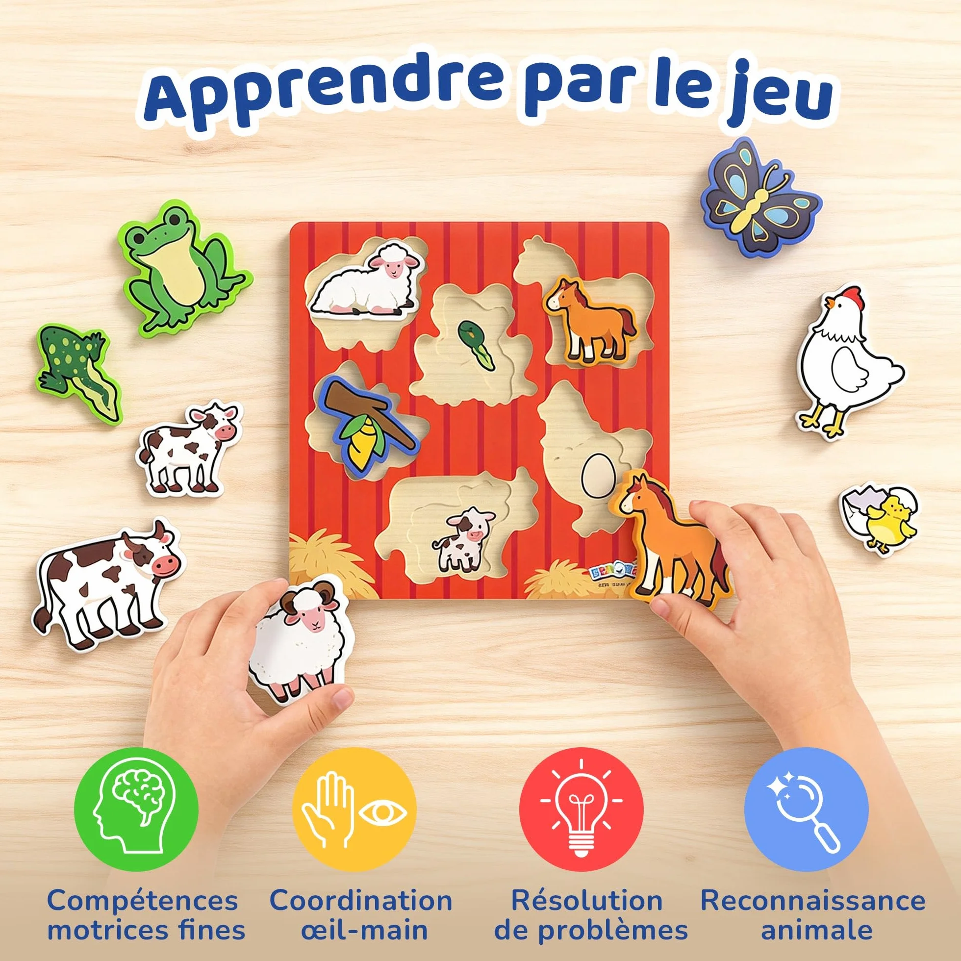 BenBen Puzzle en bois Montessori pour 1-3 ans, jouet à emboîter animaux