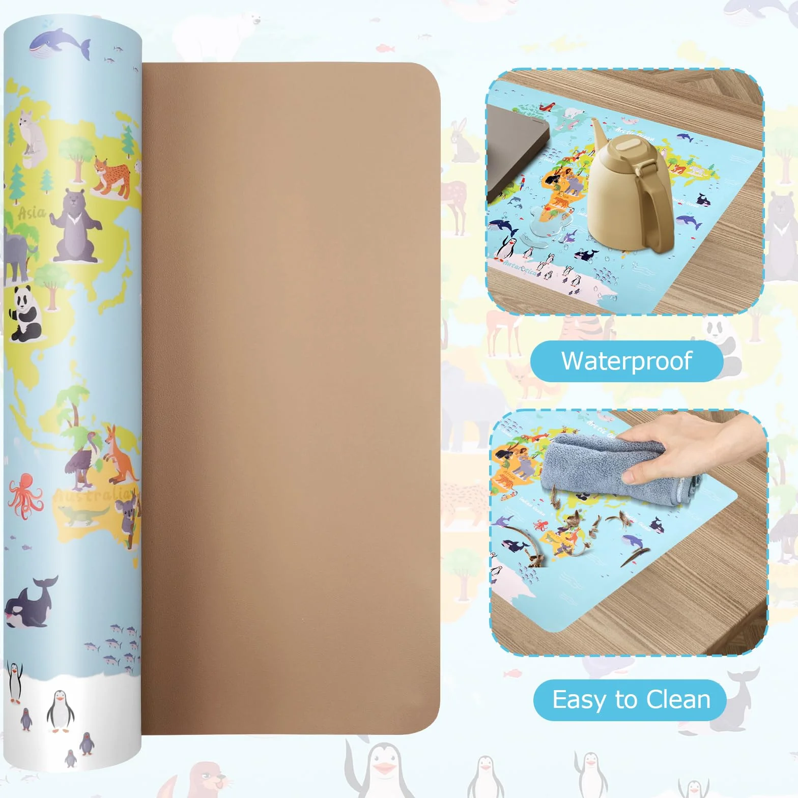Sous-mains cuir PU Grand Tapis de souris Carte animée continents océans 60 x 40 cm