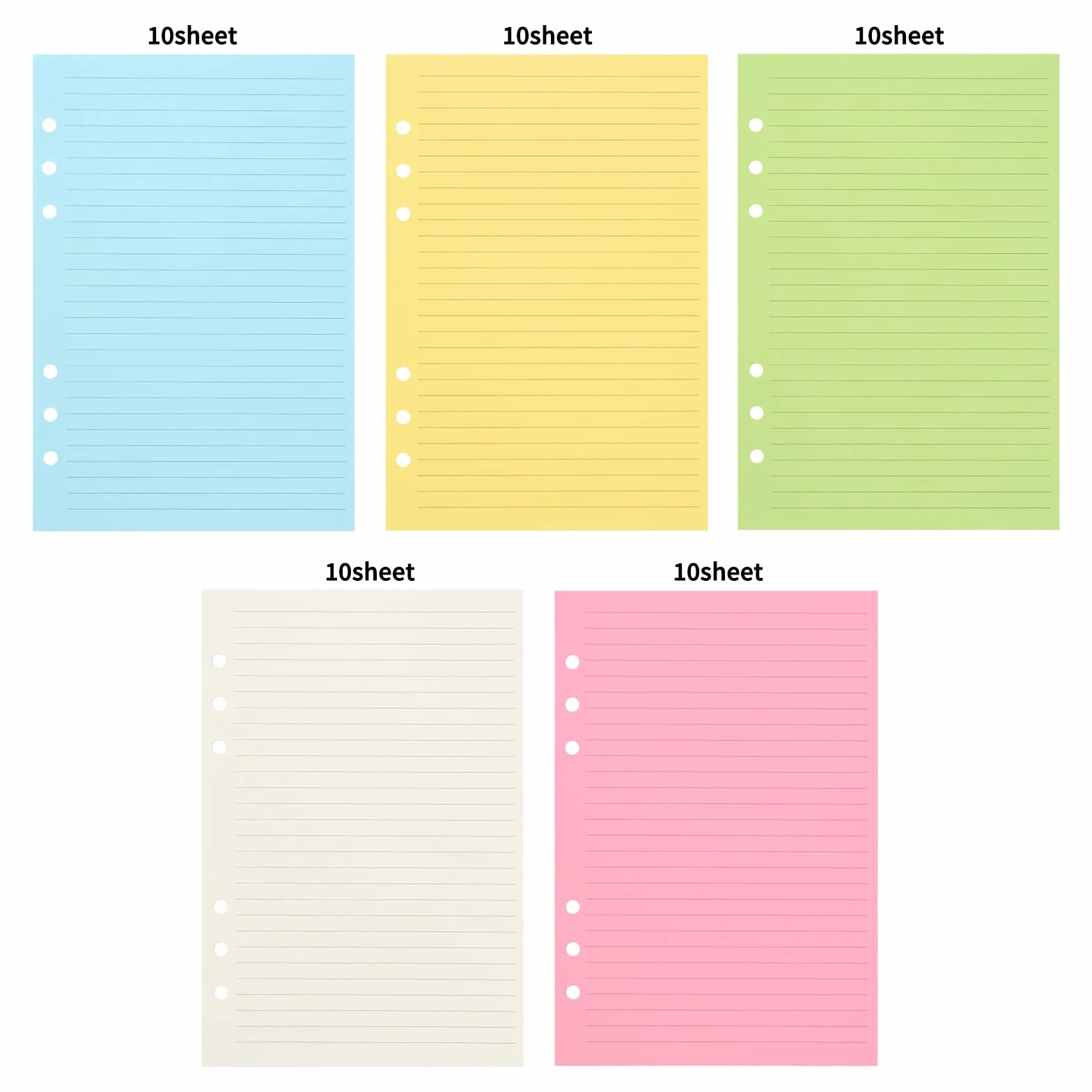 Recharge papier ligné A5, pages colorées pour classeur 6 anneaux, perforé 6 trous, compatible stylo plume, double face