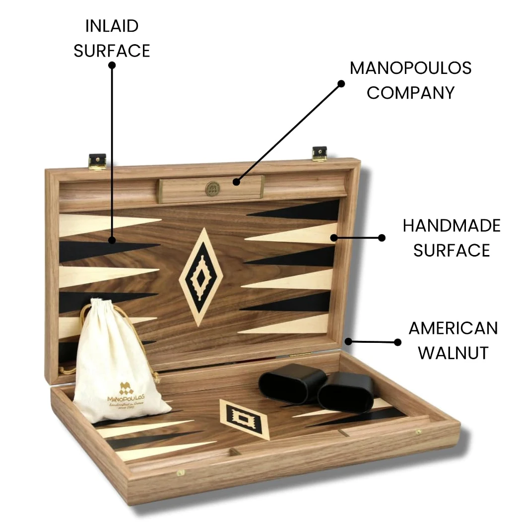 Ensemble de Backgammon en Bois Manopoulos Noyer Antique 23 Pouce Supports de Rangement Inclus