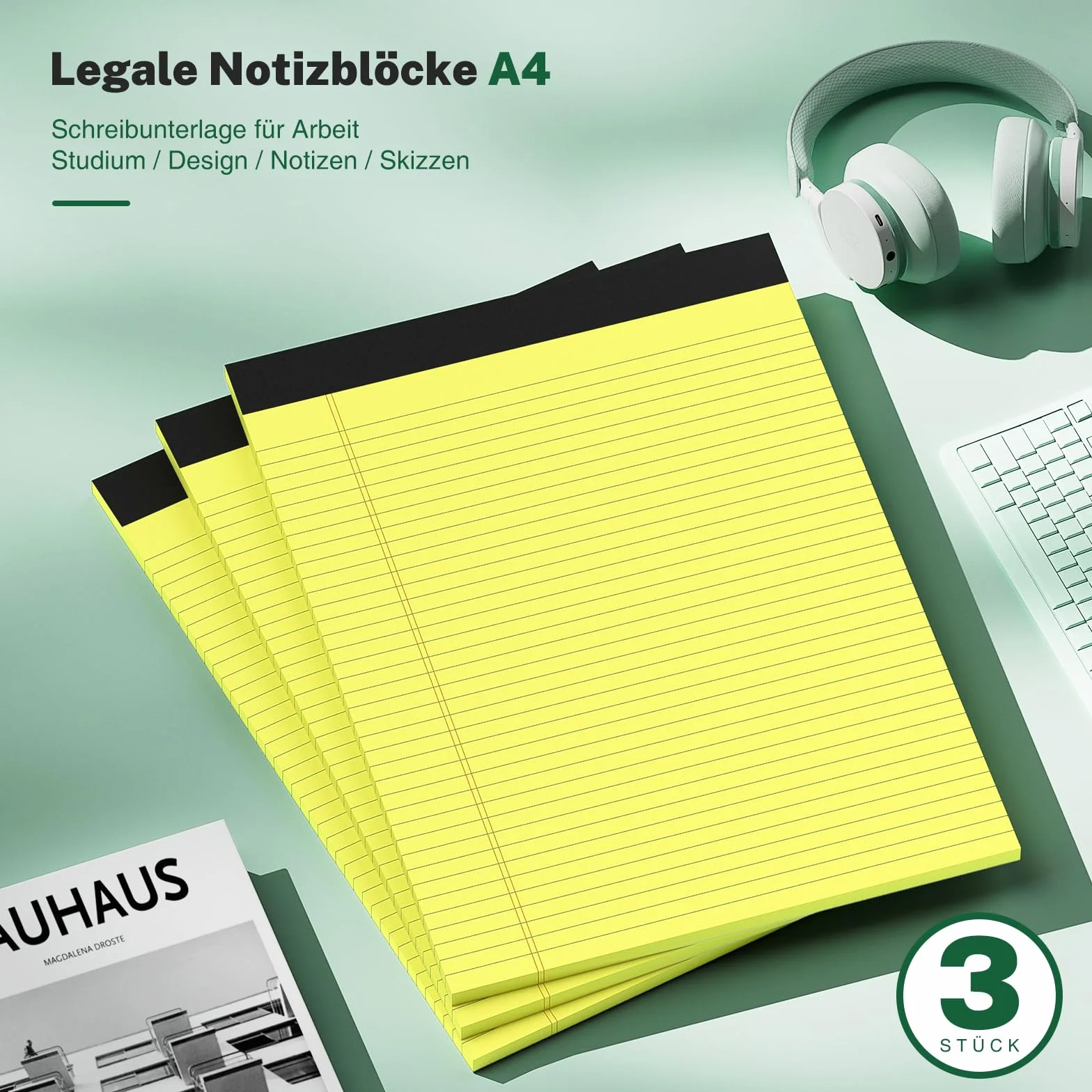 Lot de 3 blocs-notes A4 - Papier jaune ligné - 30 feuilles par bloc