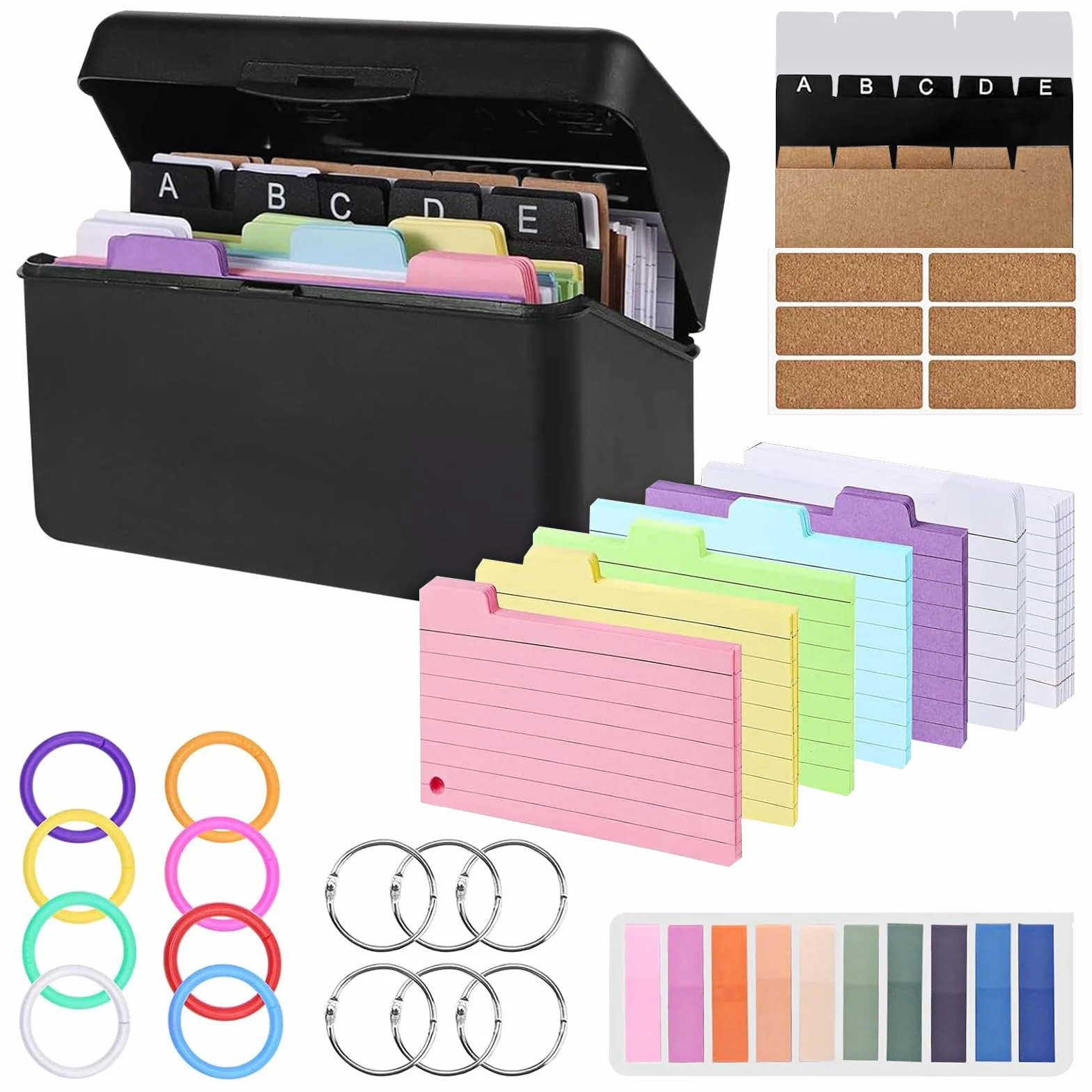 Boîte à Fiches de Rangement avec 150 Fiches Blanches, 15 Index Cards, 6 Anneaux pour l'École