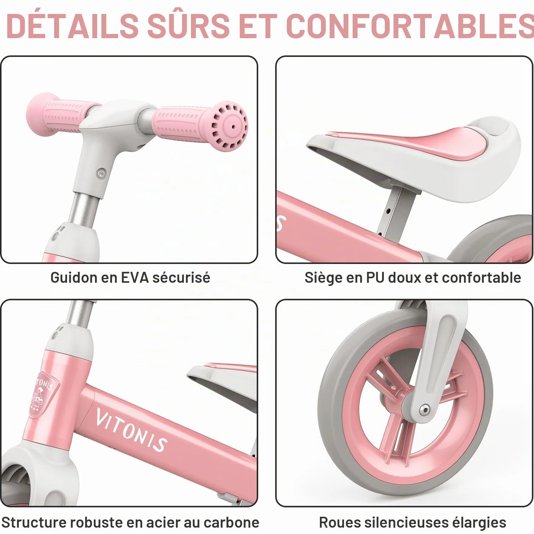 Draisienne Enfants 1.5-4 Ans 25 kg Volant Selle Réglables Antivol Direction Vélo d'Équilibre pour Garçons Filles