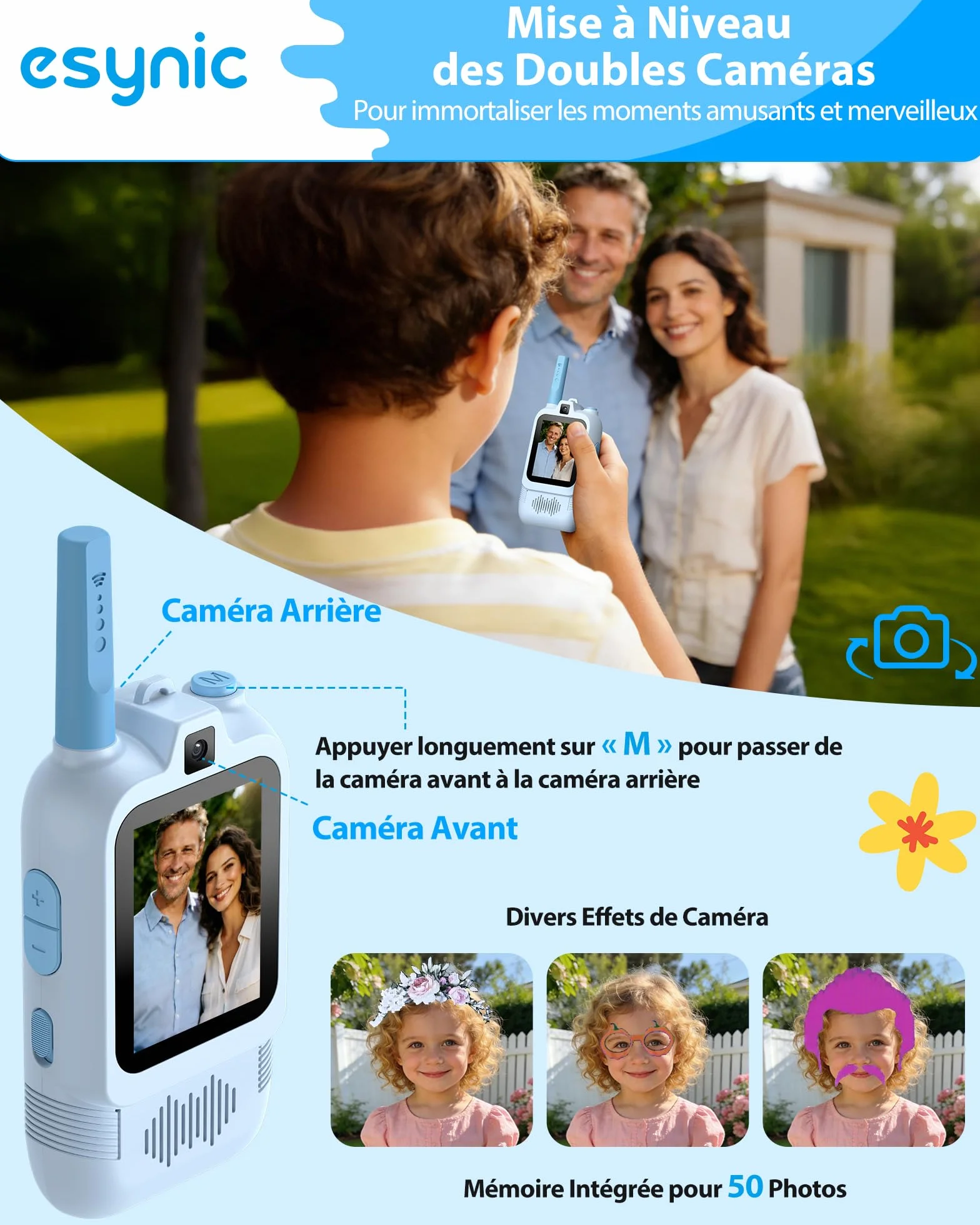 eSynic Talkie Walkie Enfants Double Caméra Appels Vidéo Portée 500m Rechargeable Rose+Bleu