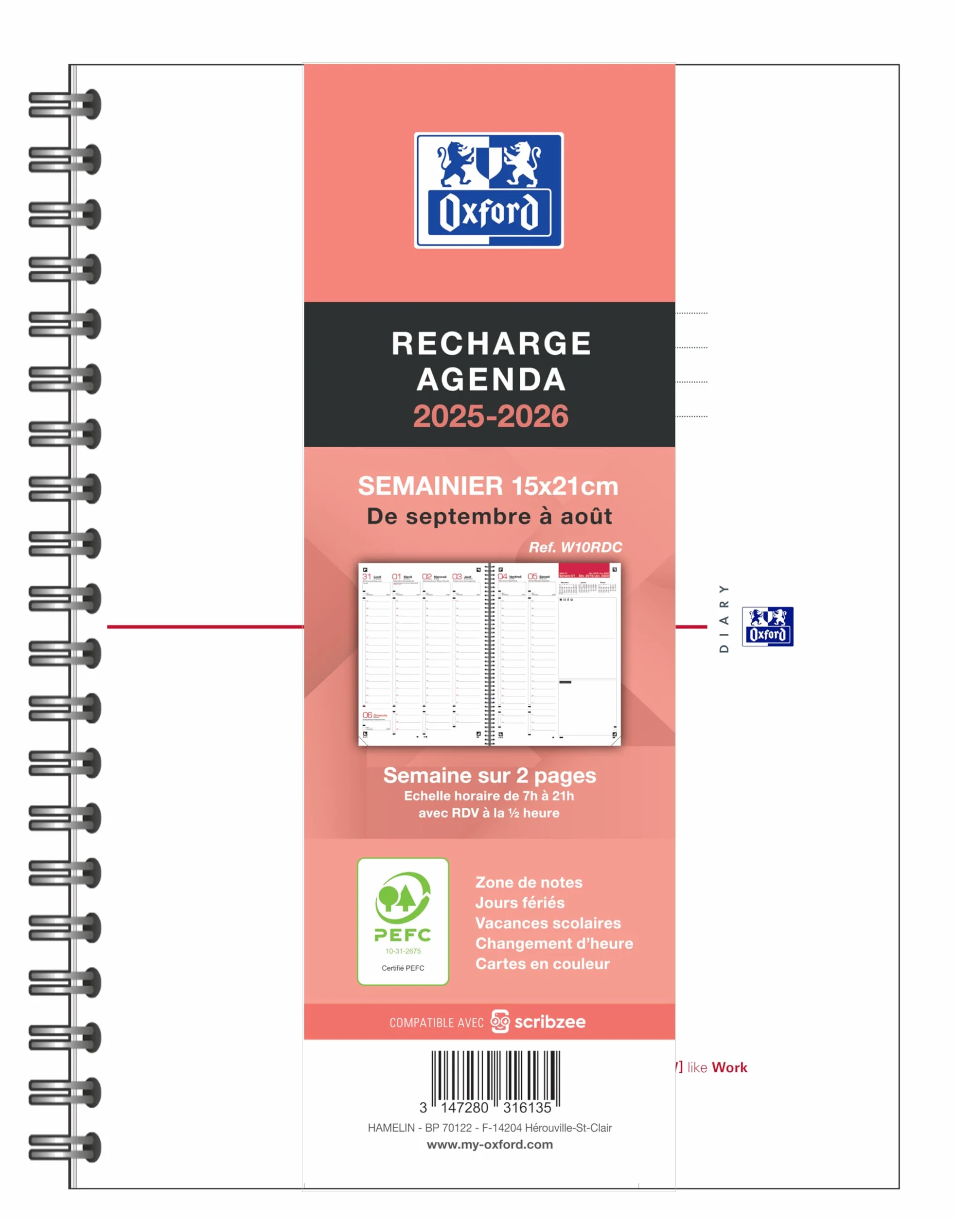 Oxford Agenda Semainier Recharge Septembre 2026 Août 2027 15x21 cm Reliure Spiralée