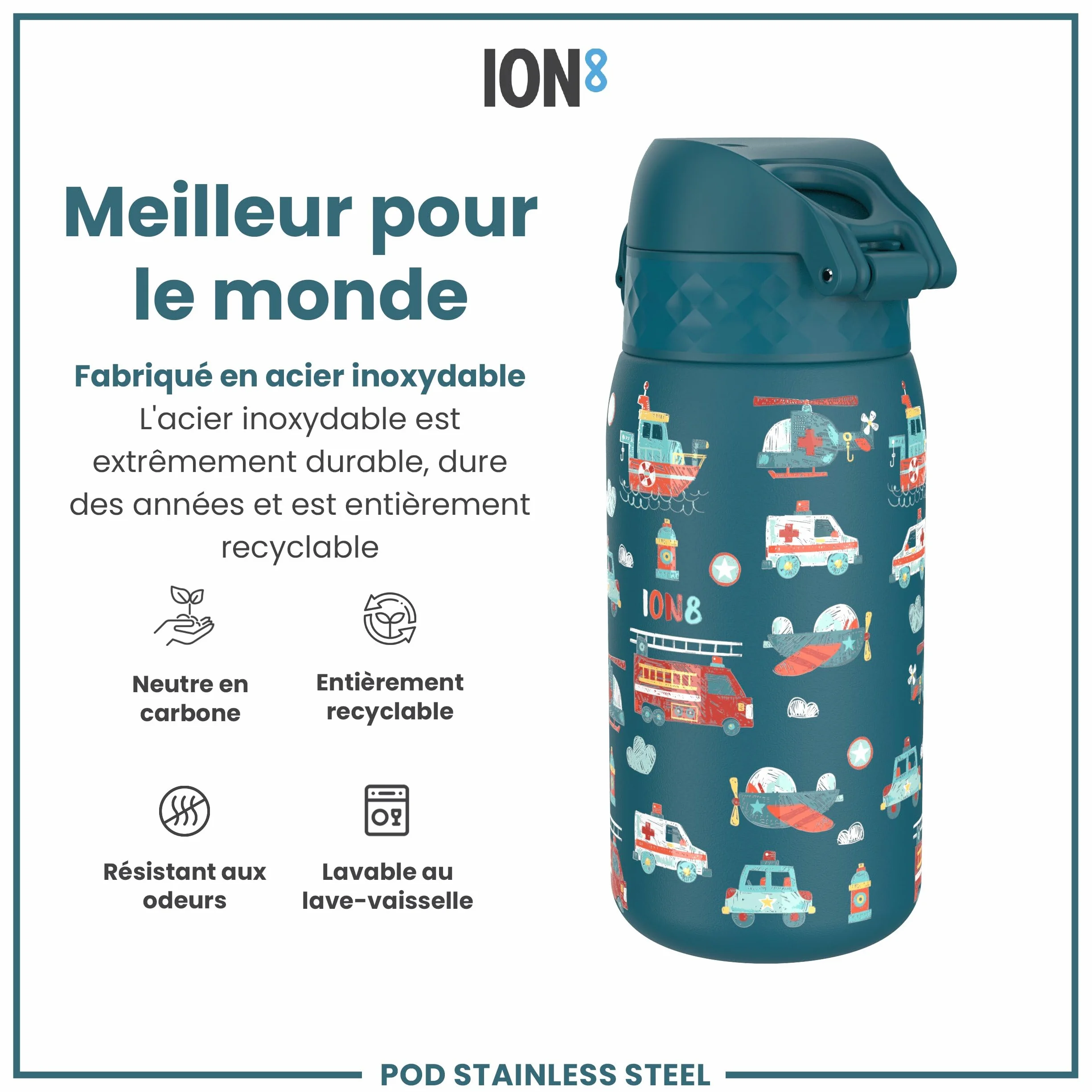 Ion8 Gourde Enfant Inox 400ml Anti-Fuite Acier Inoxydable Véhicules De Secours