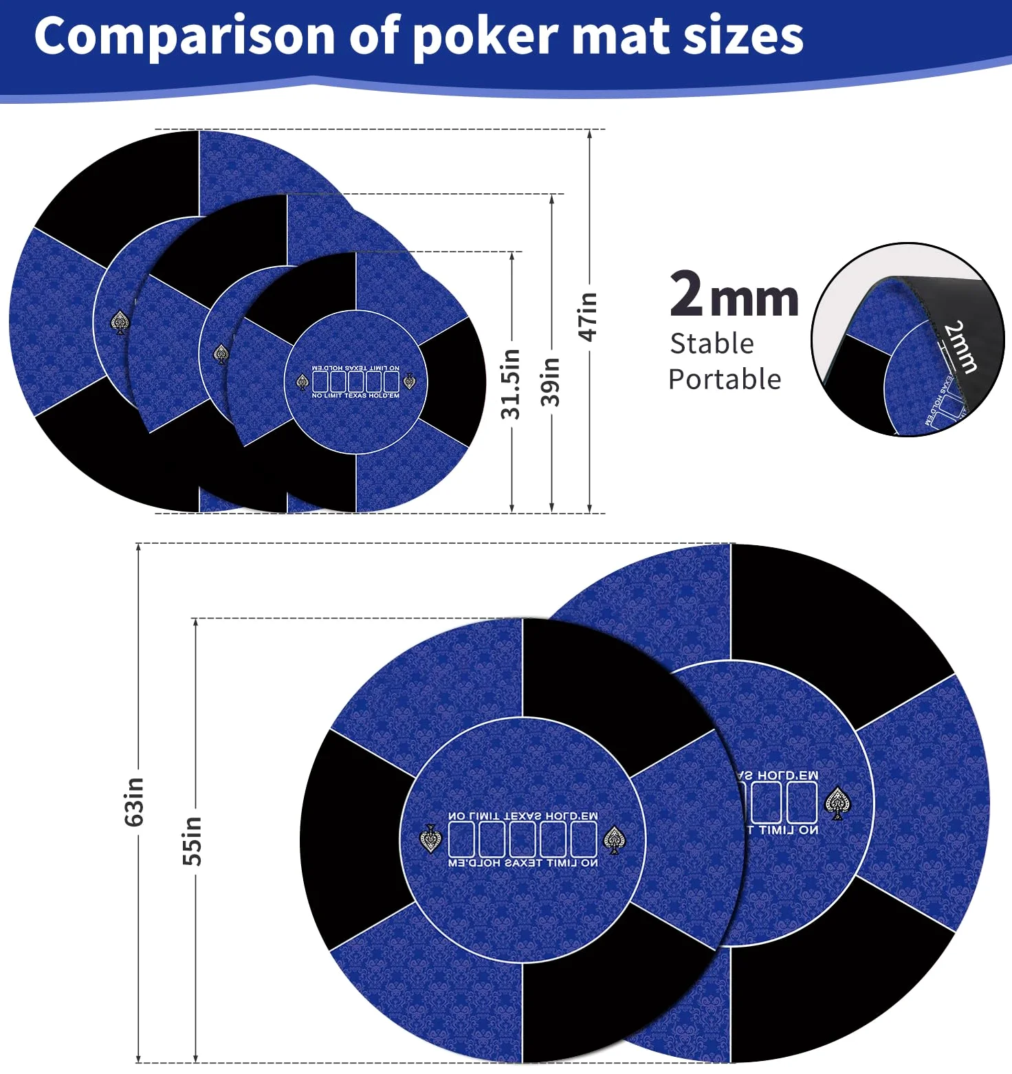 Tapis de poker rond en caoutchouc pour 6 à 10 personnes, dessus de table pliable, table de poker portable, adapté pour les jeux de poker, blackjack, casino (bleu 80 x 80 cm)