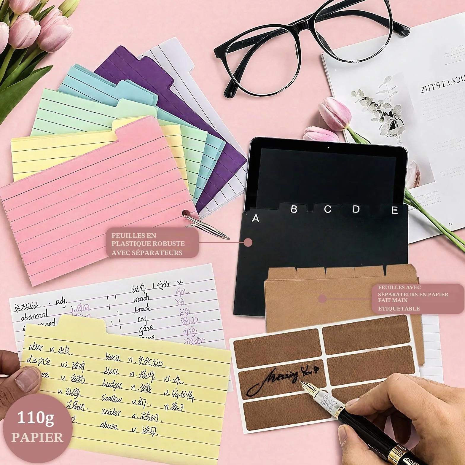 Boîte à Fiches de Rangement avec 150 Fiches Blanches, 15 Index Cards, 6 Anneaux pour l'École