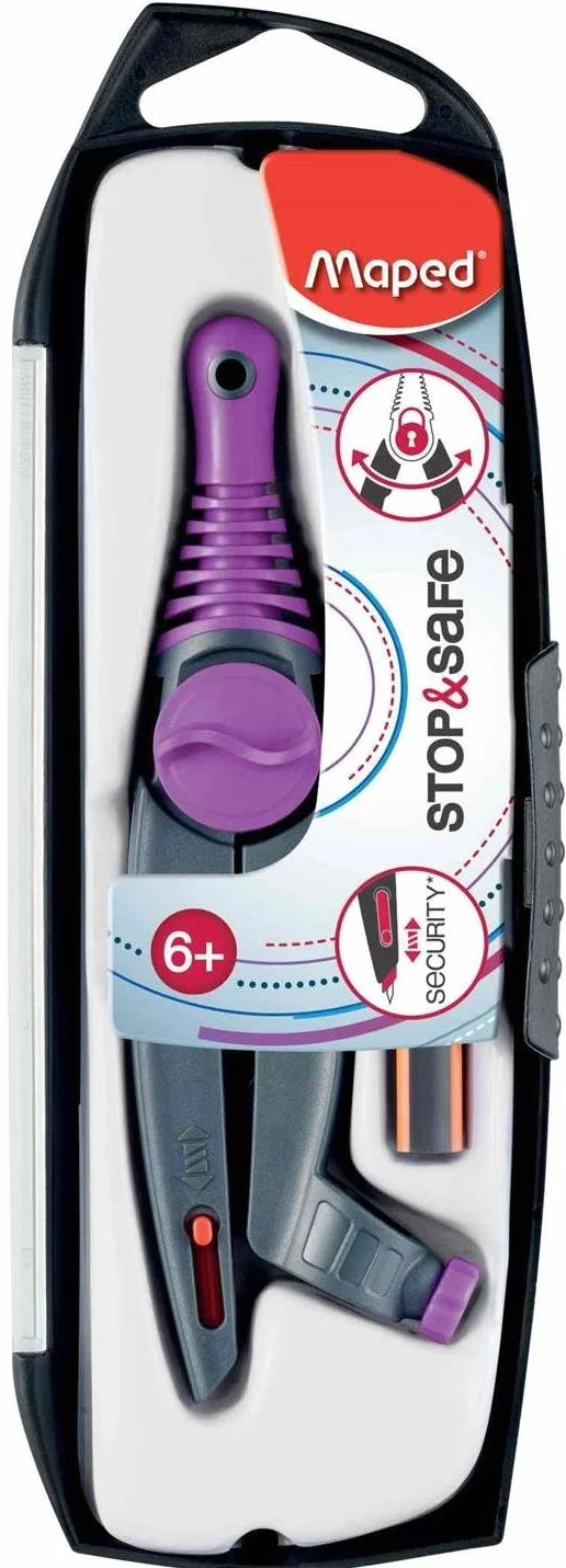 Maped Compas STOP & SAFE Pointe Auto-rétractable Scolaire Enfant 1 compas bague 1 crayon graphite Black'Peps
