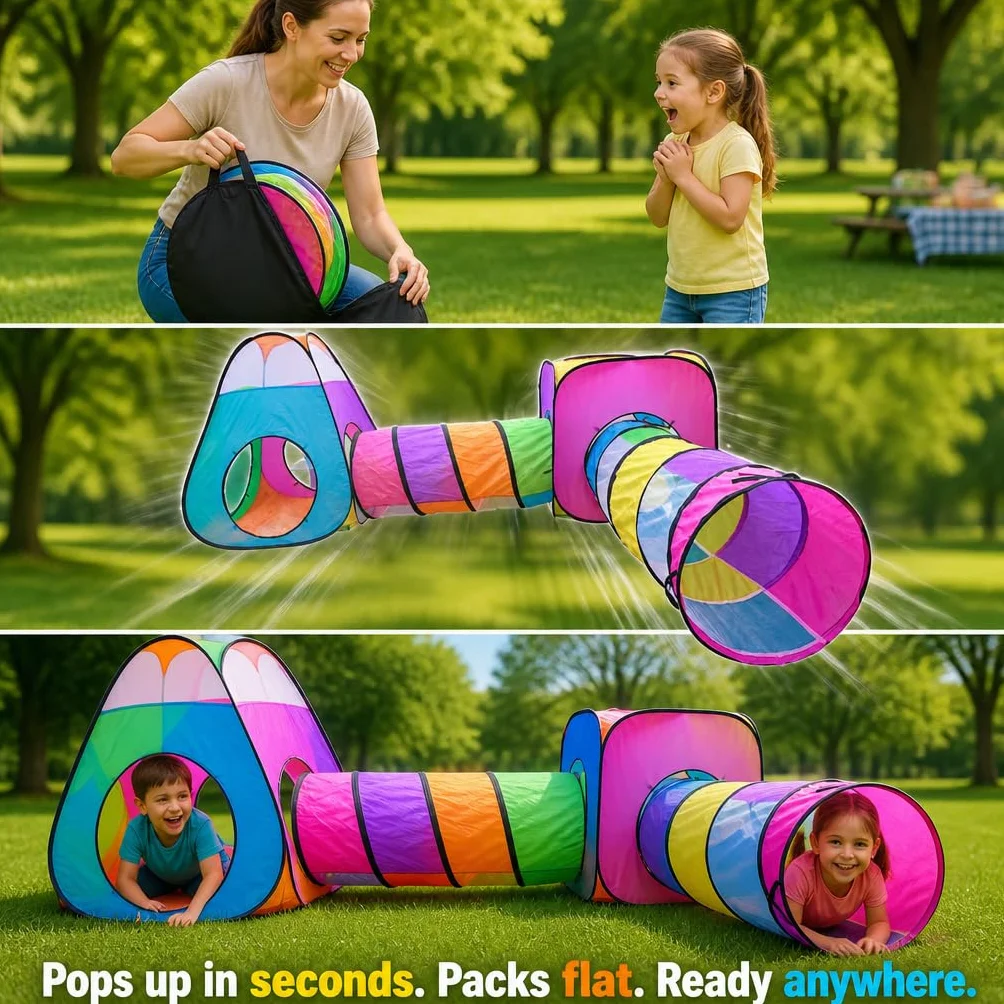 Pop Up Jouer Tente avec Tunnel, Balle Pit pour Enfants, Garçons, Filles, Bébés - Playhouse Intérieur/Extérieur 4 en 1