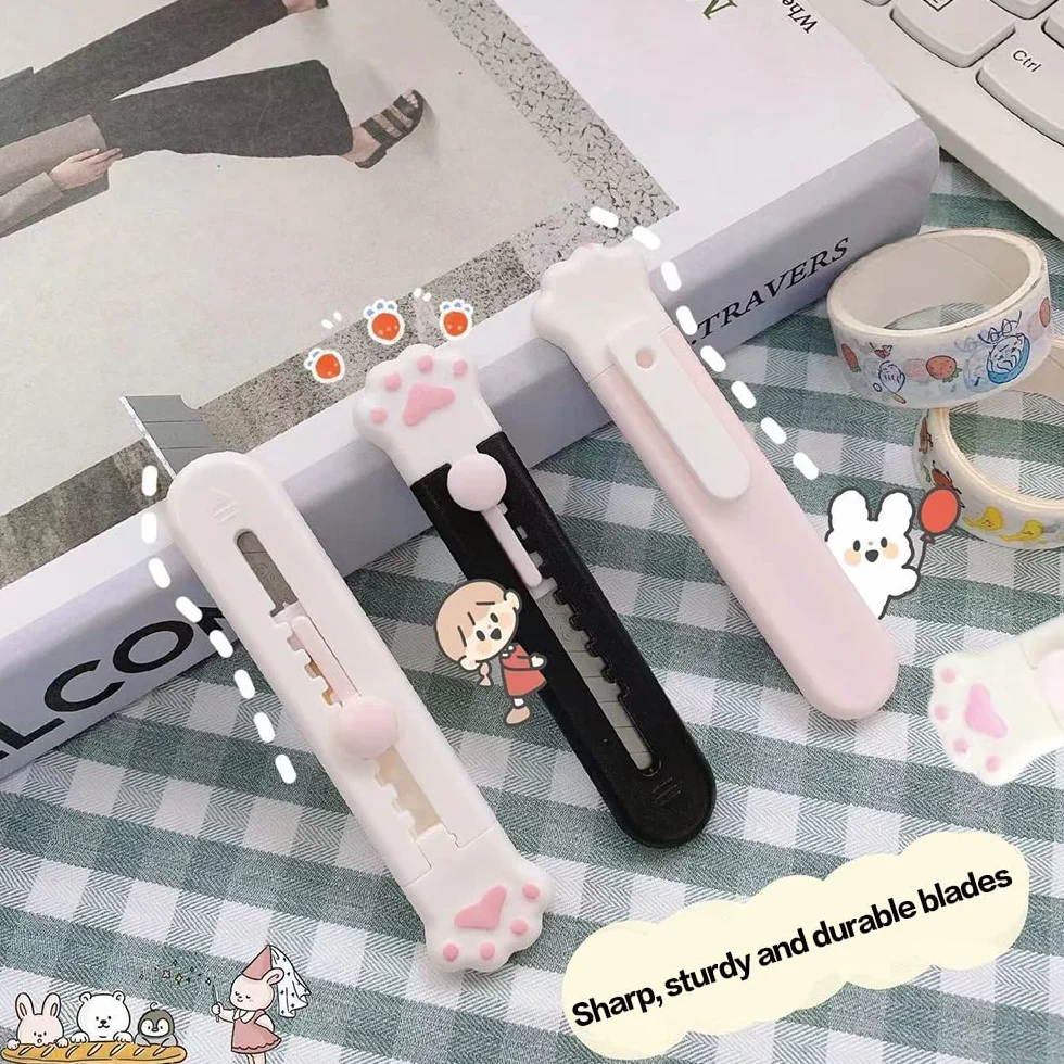 Mini Cutter Rétractable Patte de Chat, Couteau Utilitaire Ouvre-Lettre Coupe-Boîte pour Carton Papier, 3 Couleurs