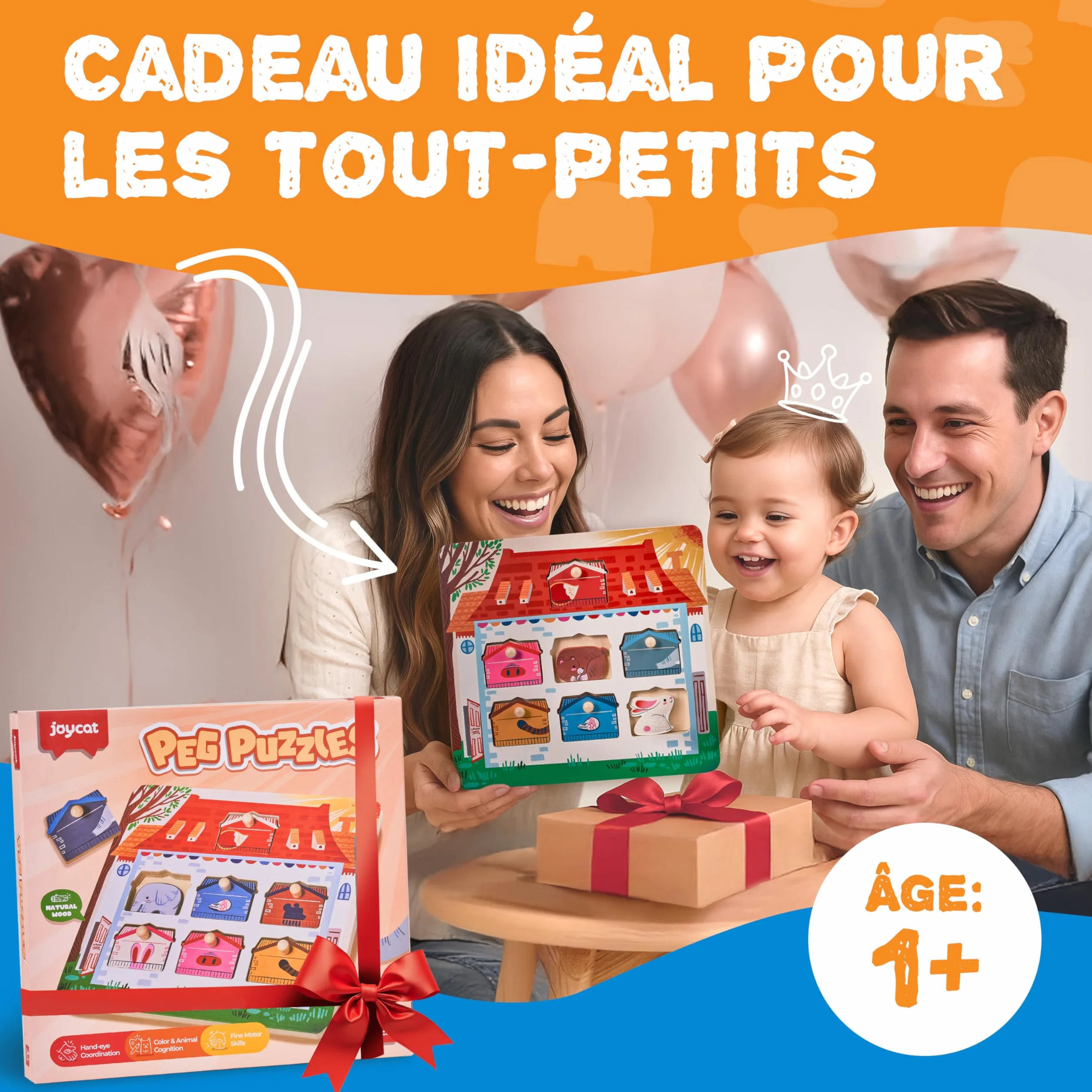 JoyCat Puzzle Bois Enfant 1 An Montessori Jouet Éducatif Animaux 7 Pièces Cadeau Anniversaire