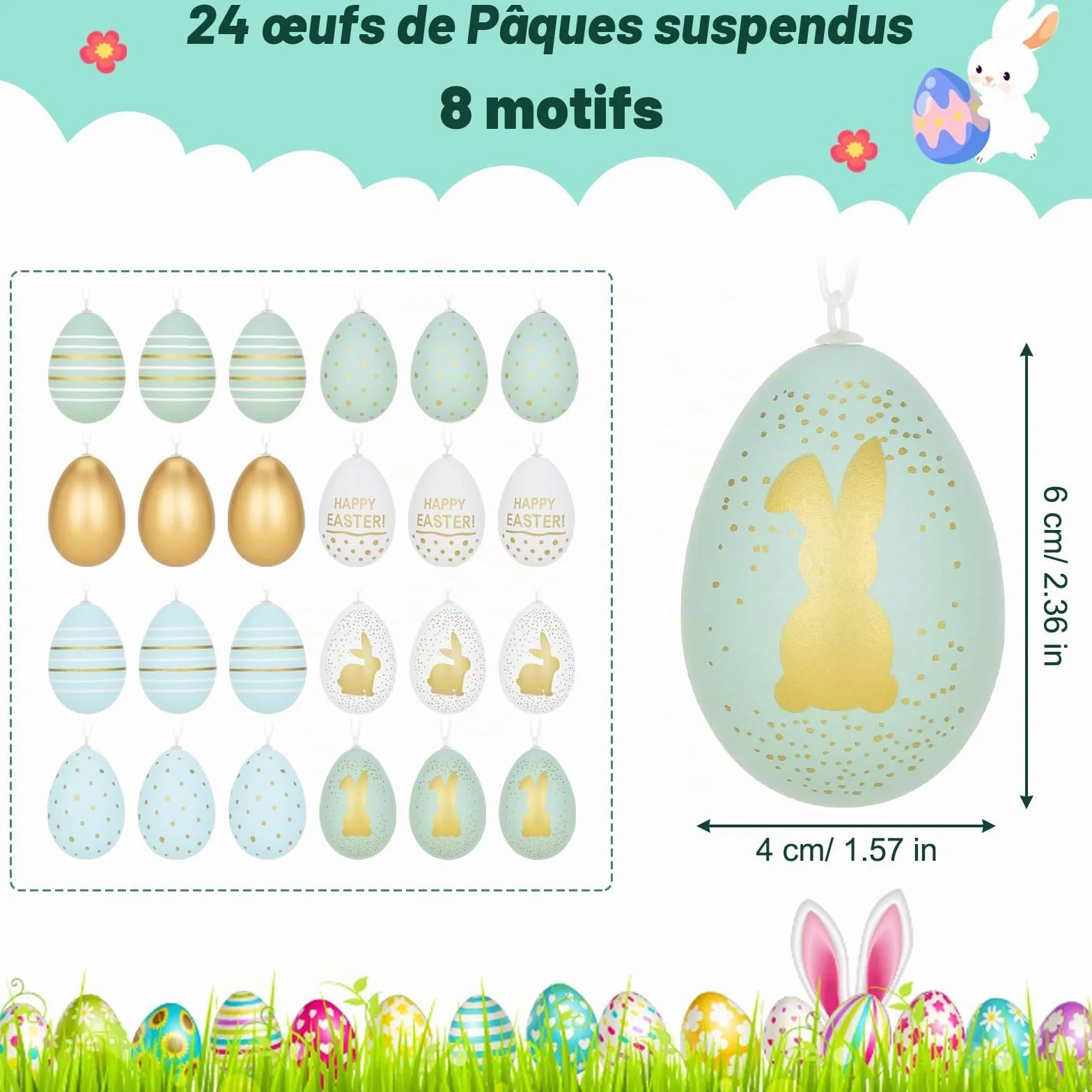 Œufs de Pâques en plastique 6 cm x 4 cm Lot de 24, or bleu clair vert clair blanc 7 designs