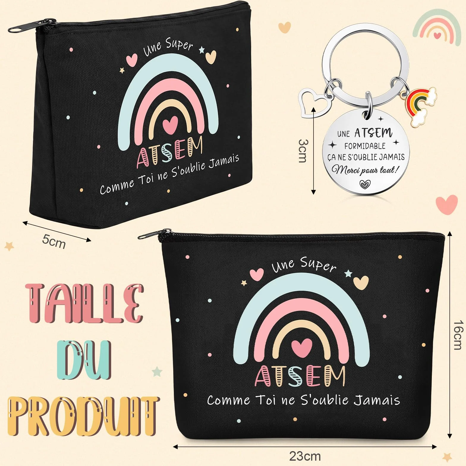 Coffret Cadeau ATSEM 3 Pièces Trousse de Maquillage Porte-Clés Stylo à Bille