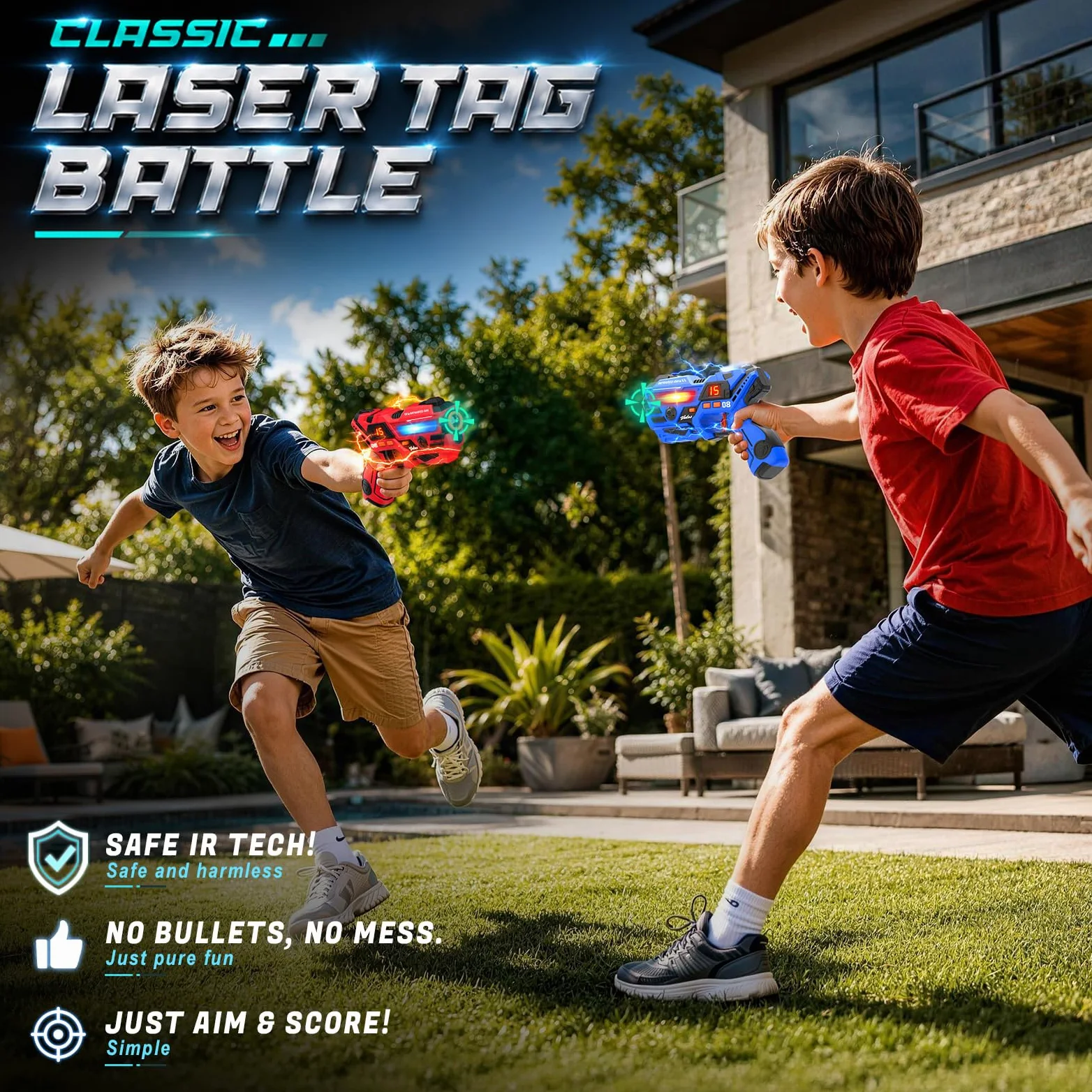 VATOS Set Laser Tag Rechargeable 2 Joueurs, Pistolets Laser Infrarouges et Projection Interactive (Écran LED + 3 Cartes Cibles), Jeu Laser Intérieur/Extérieur pour Enfants, Ados et Famille dès 6 Ans