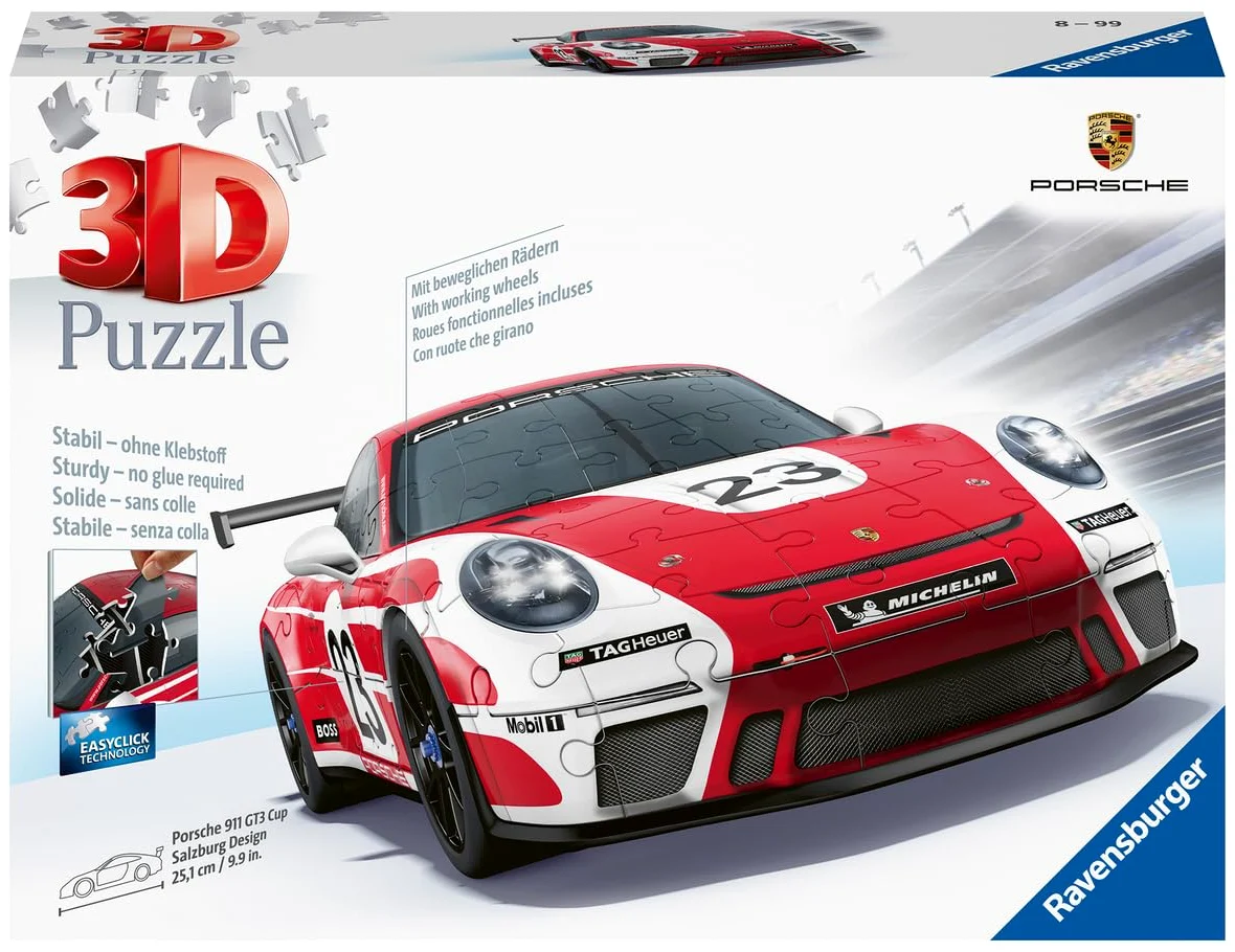 Ravensburger Puzzle 3D véhicules – Porsche 911 GT3 Cup Salzburg avec Grille de Construction – dès 10 Ans – 108 pièces numérotées à Assembler sans Colle – Accessoire de Finition Inclus – 11558