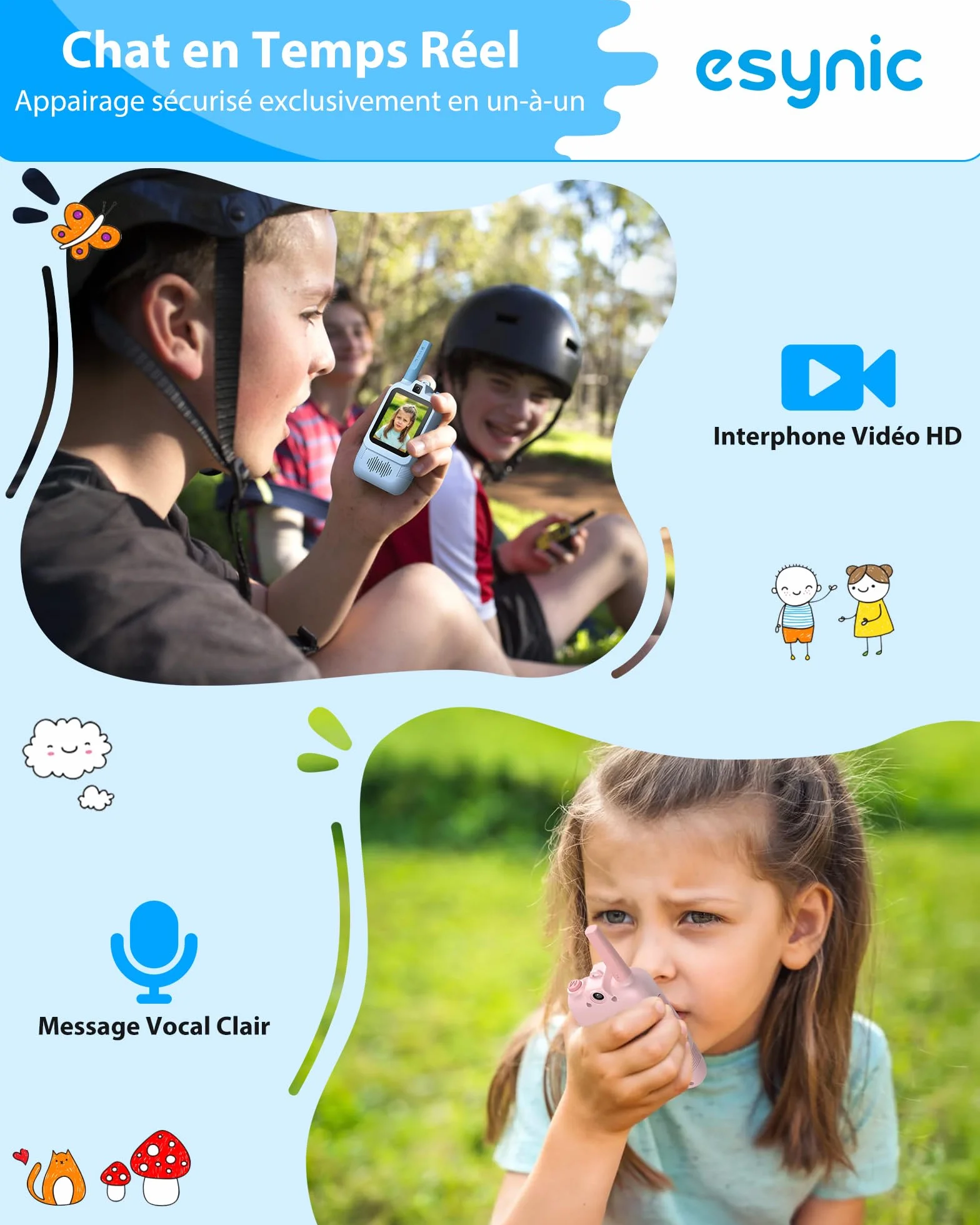 eSynic Talkie Walkie Enfants Double Caméra Appels Vidéo Portée 500m Rechargeable Rose+Bleu