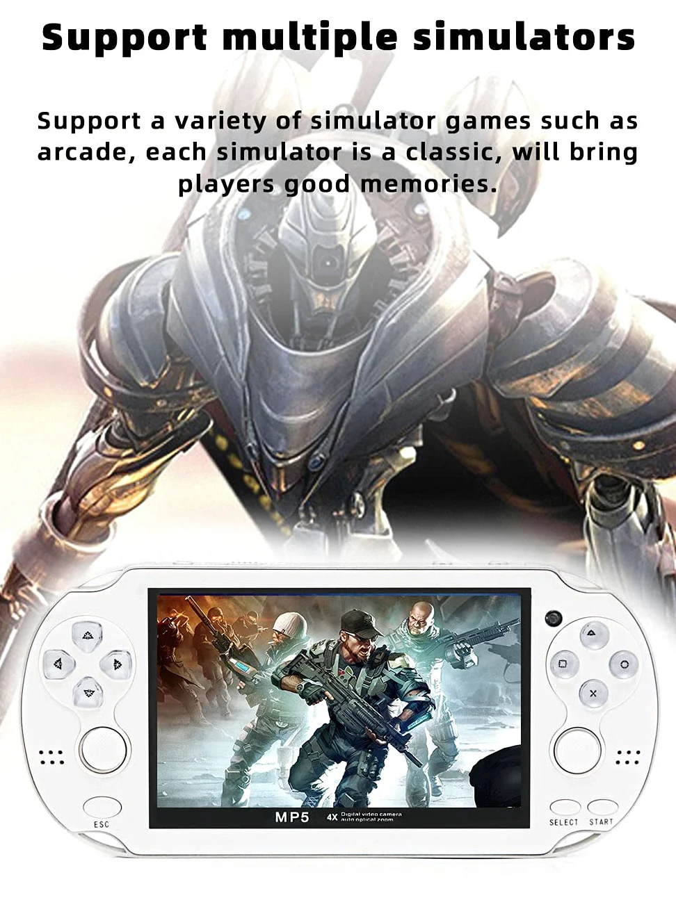 CZT Console de jeu portable double joystick de 10,9 cm 8 Go intégrée pour 2000 jeux vidéo compatible Arcade/CPS/FC/SFC/GB/GBC/GBC/GBC/GBA/SMC/SMD/SEGA Games MP4 Player (blanc)