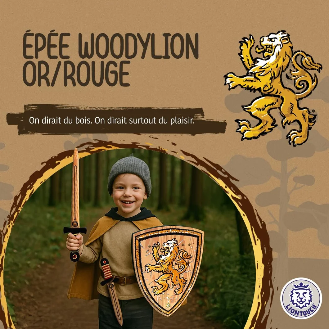 Liontouch Épée WoodyLion Or/Rouge Petite Taille 3-6 Ans Poignard en Mousse pour Enfants
