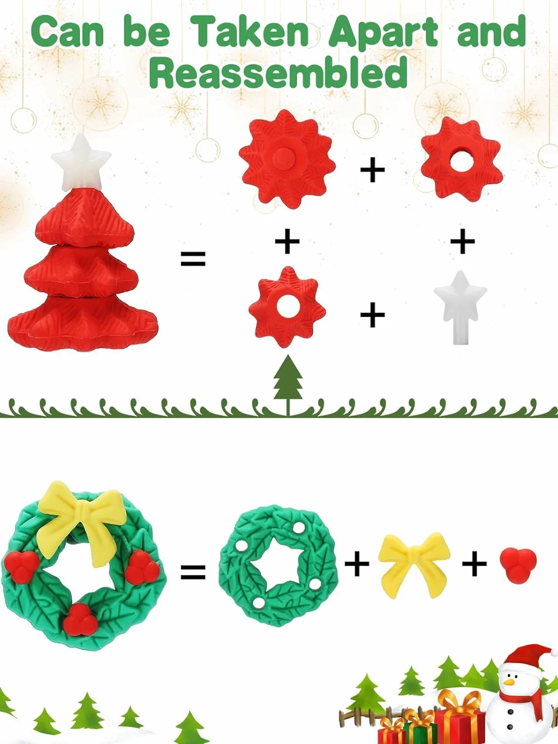 Gommes de Noël 3D 60 Pièces Puzzle à Assembler Père Noël Renne Bonhomme de Neige Sapin de Noël