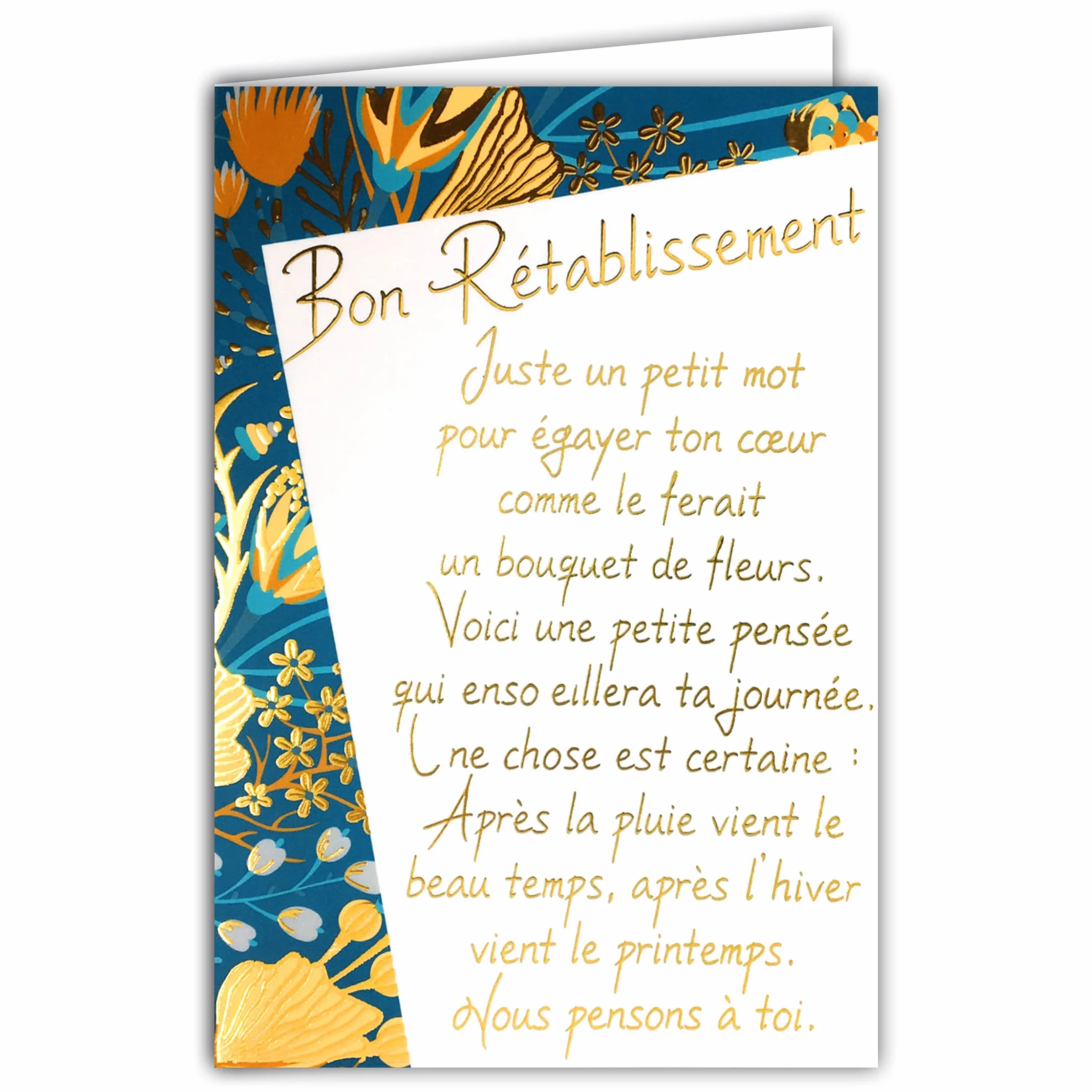 Carte RÉTABLISSEMENT grand texte mots qui brillent Format 11,5x17cm Bleu Bouquet Fleurs Pensée Positive Fabriqué en France