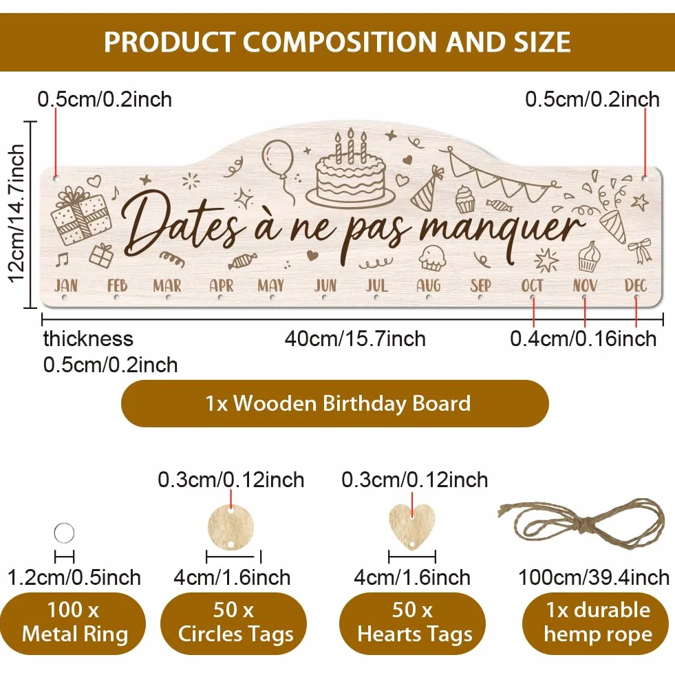 Arricraft Calendrier de rappel d'anniversaire en bois 40x12cm gâteau scintilles étoile avec 100 étiquettes