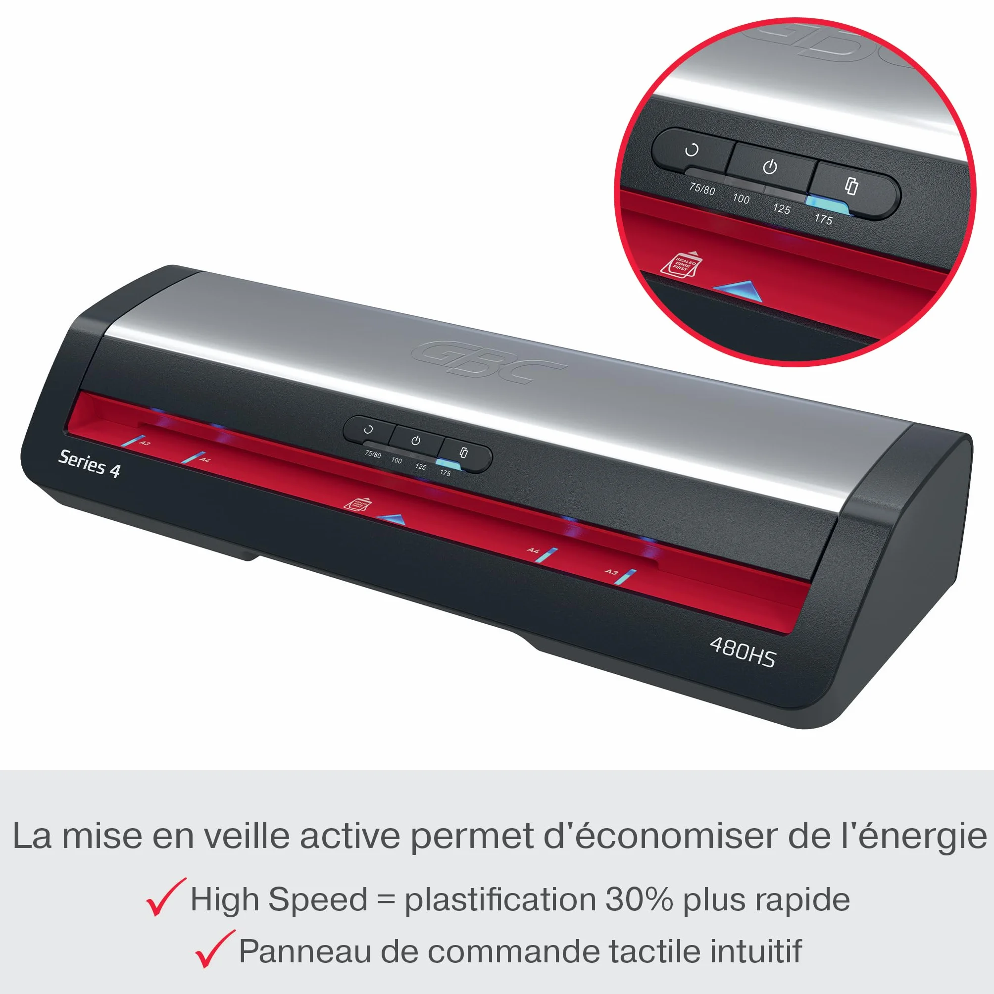 GBC Plastifieuse 480HS A3 Haute Vitesse 75-175 microns Anti-Bourrage Noir/Rouge