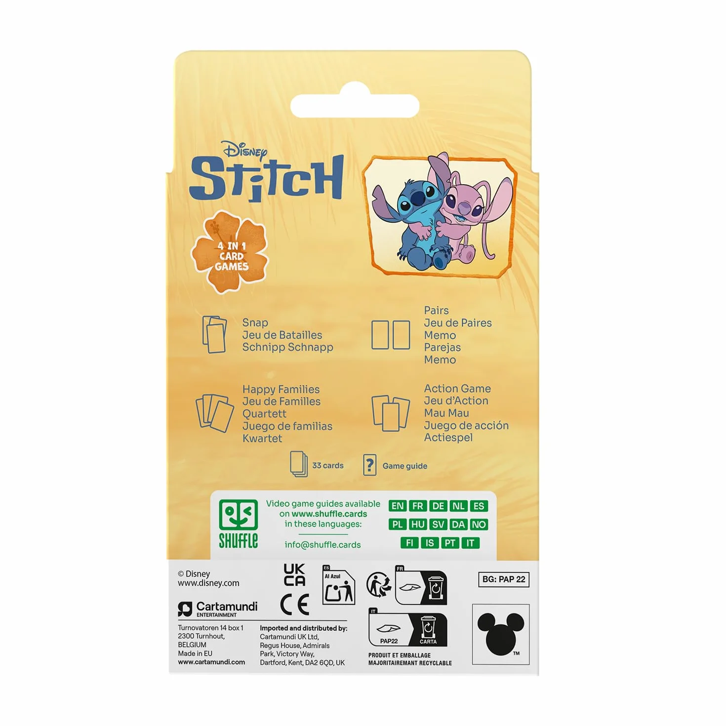 Shuffle Jeu de Cartes 4 en 1 Stitch - 7 Familles, Bataille, Mémo et Action - Disney Lilo & Stitch pour Enfants dès 4 Ans