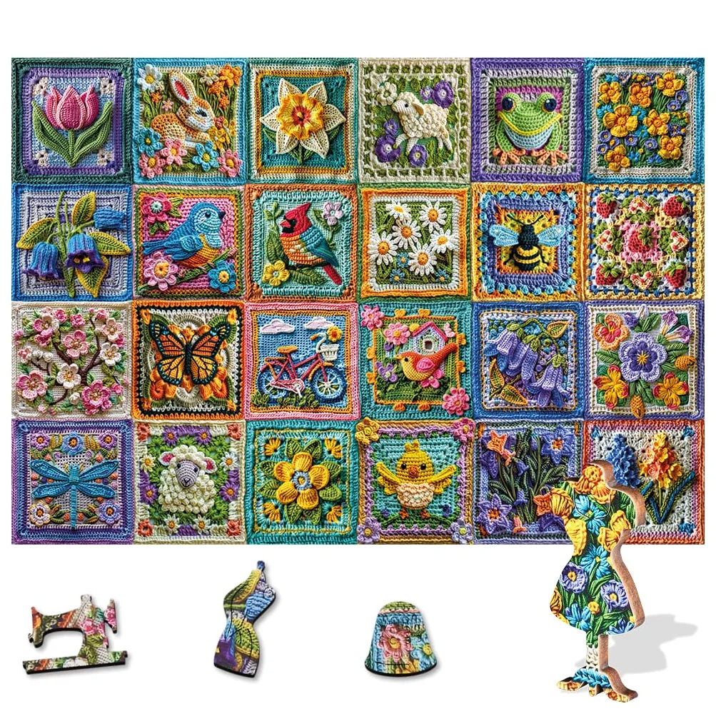 Wentworth Wooden Puzzles Springtime Crochet – Puzzle 250 pièces pour adulte, pièces irrégulières, design Jessica White pour les amateurs d'animaux et de crotchets, bois provenant de sources durables