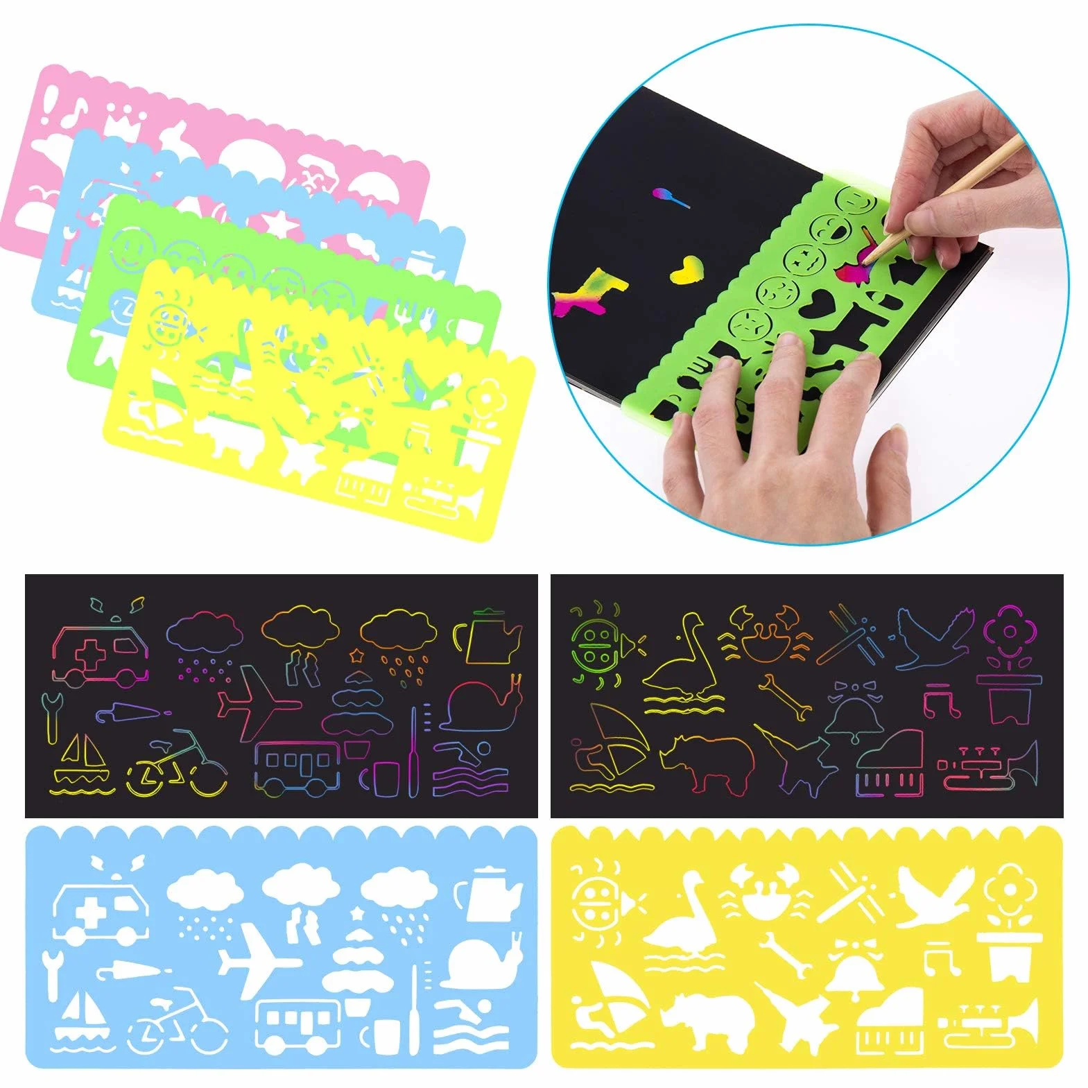 MELLIEX Dessin Gratter Enfants 2 Packs Scratch Art Livres Coloriage Papier Noir 4 Règles Gabarit 4 Stylets Bois