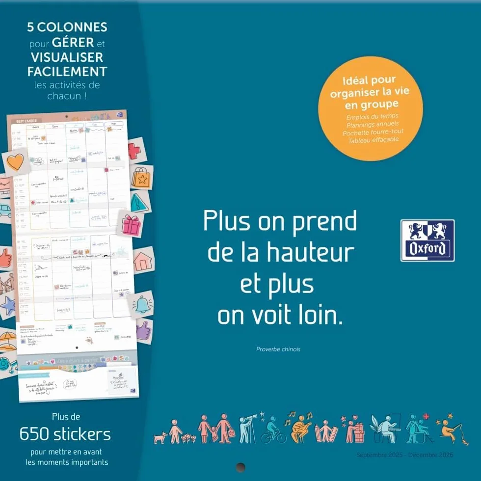 OXFORD Calendrier Planning Mural Familial 16 Mois 30x30 cm Septembre 2026 Décembre 2027