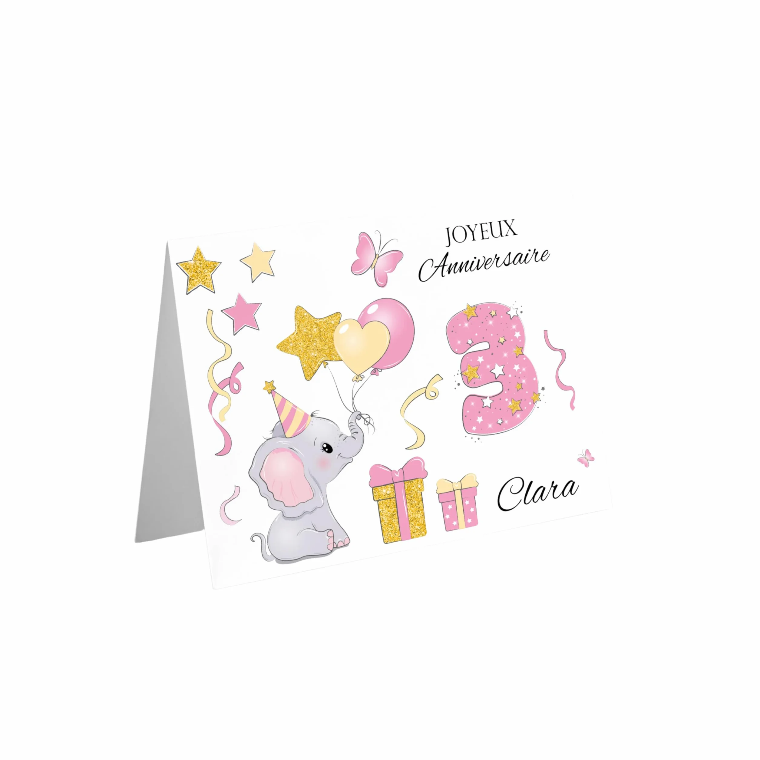 Carte joyeux anniversaire Eléphant garçon fille 1-3 ans personnaliser prénom âge papier glacé enveloppe
