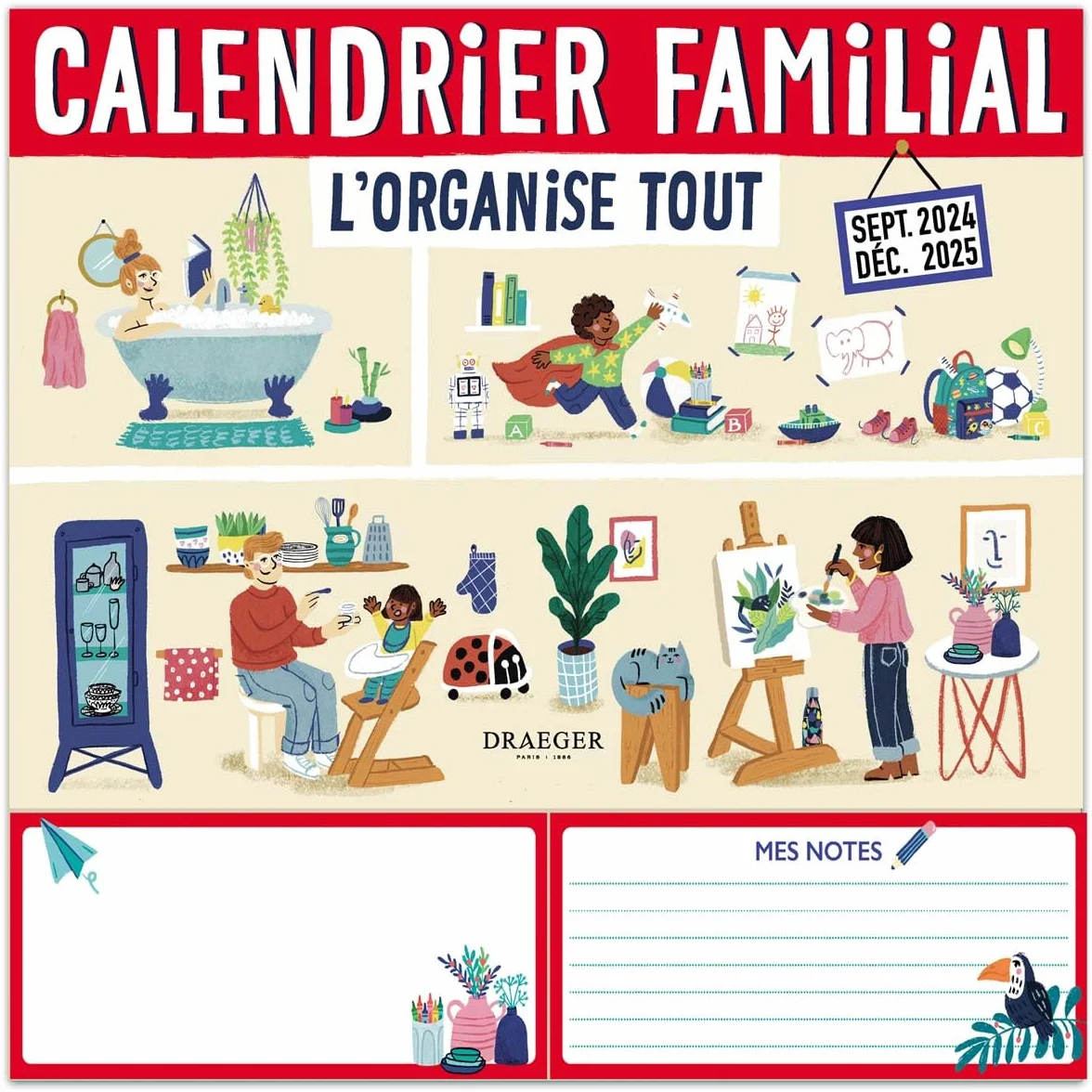 DRAEGER PARIS 1886 Calendrier Familial 2024-2025 16 Mois 28,5x28 cm Organisation Hebdomadaire 5 Colonnes Menus & Courses Stickers Inclus