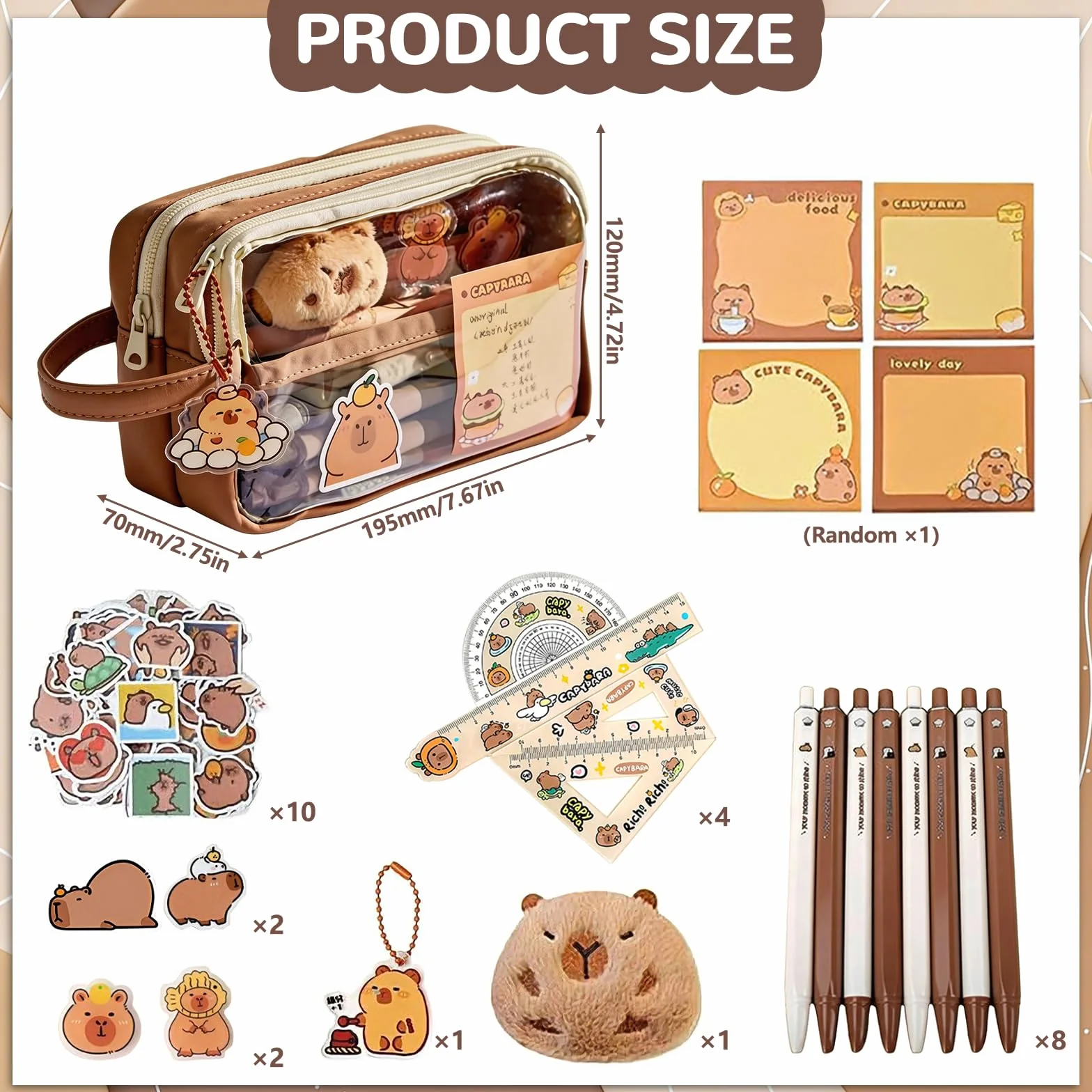 Trousse Capybara Kawaii Ensemble Papeterie avec Stylo Règle Autocollants Pins Porte-clés Blocs-Notes Grande Capacité Bureau École