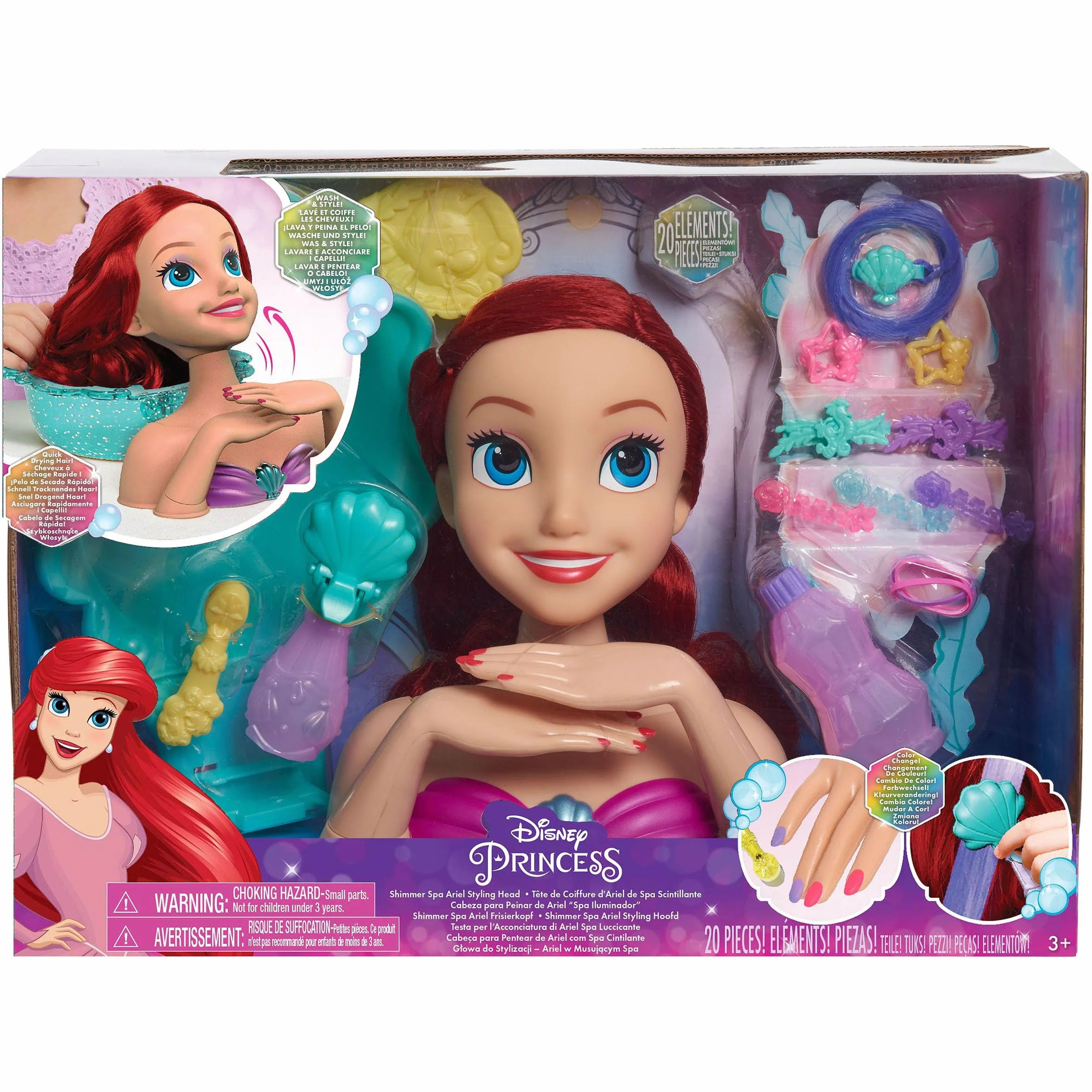 Just Play Tête à coiffer Ariel Scintillante Princesses Disney 20 cm 20 Accessoires Chevelure rousse