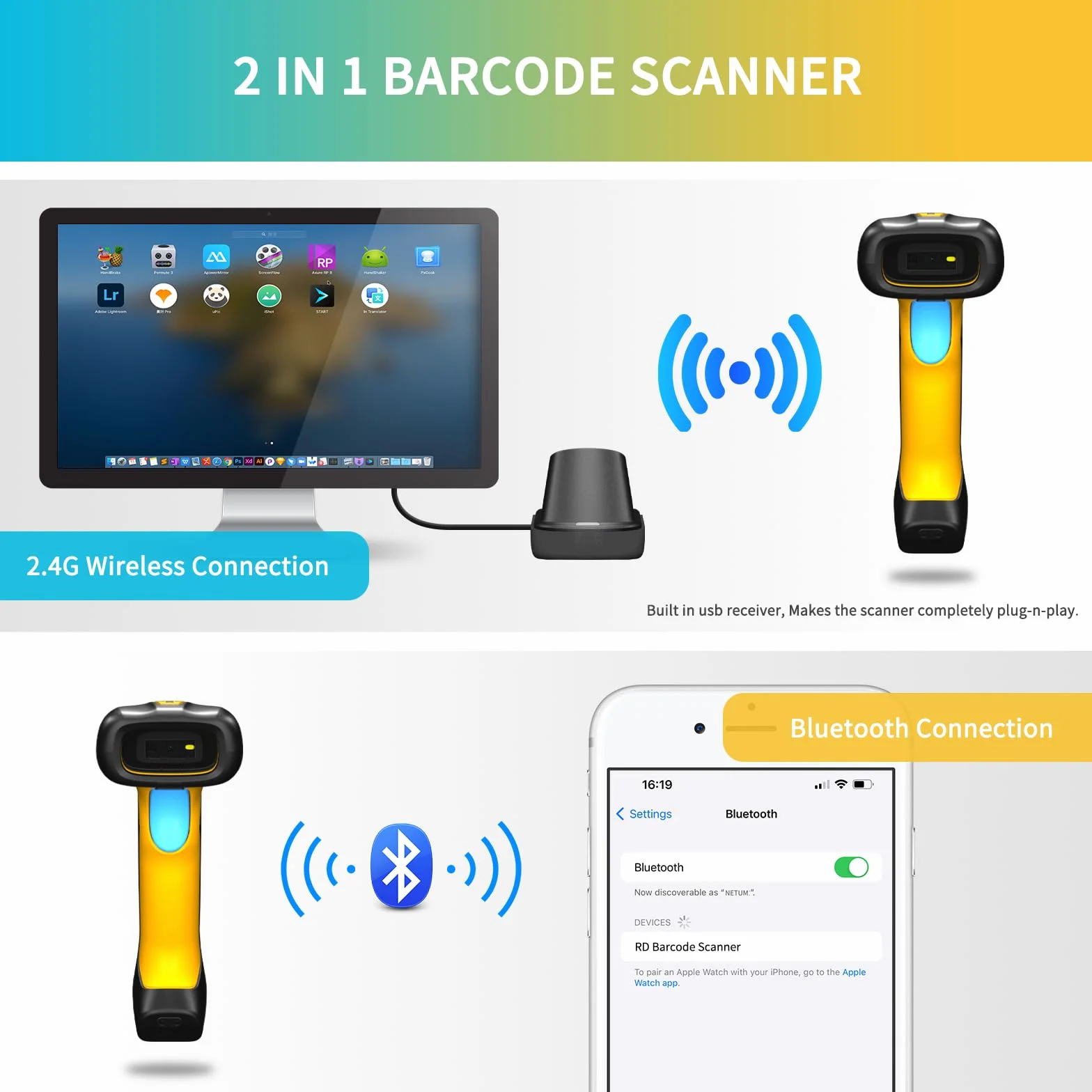 NETUM Scanner Industriel de Codes-Barres Bluetooth RD-1200 1D/2D sans Fil 2600 mAh Résistant Chocs