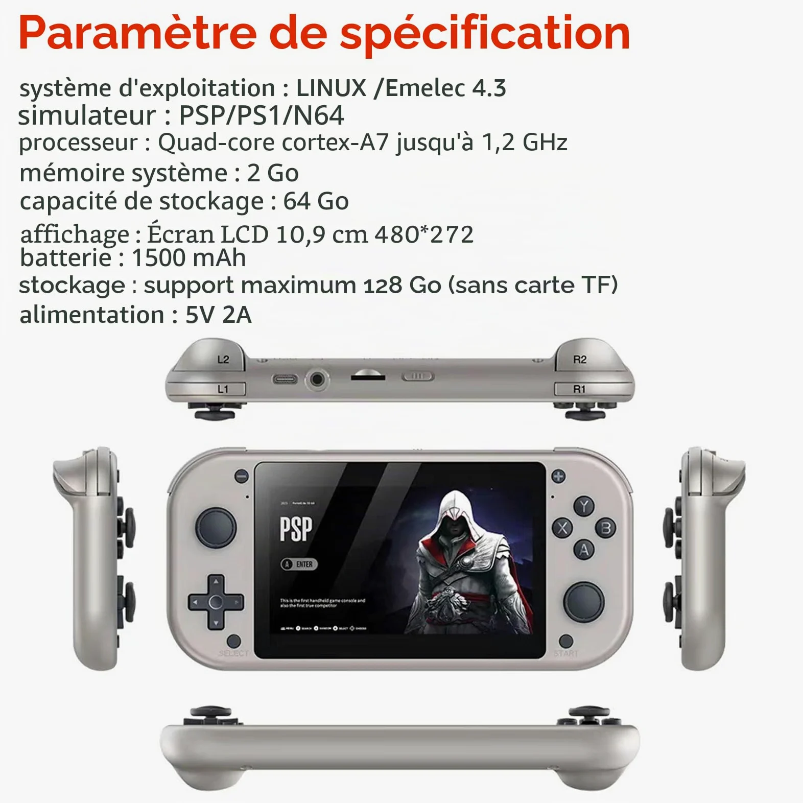 M17 Console de jeu portable rétro 4,3" 480 x 272 avec écran LCD 64 Go/128 Go Emuelec (20 000 + 30 000 jeux) (64 Go, 20 000 + jeux)