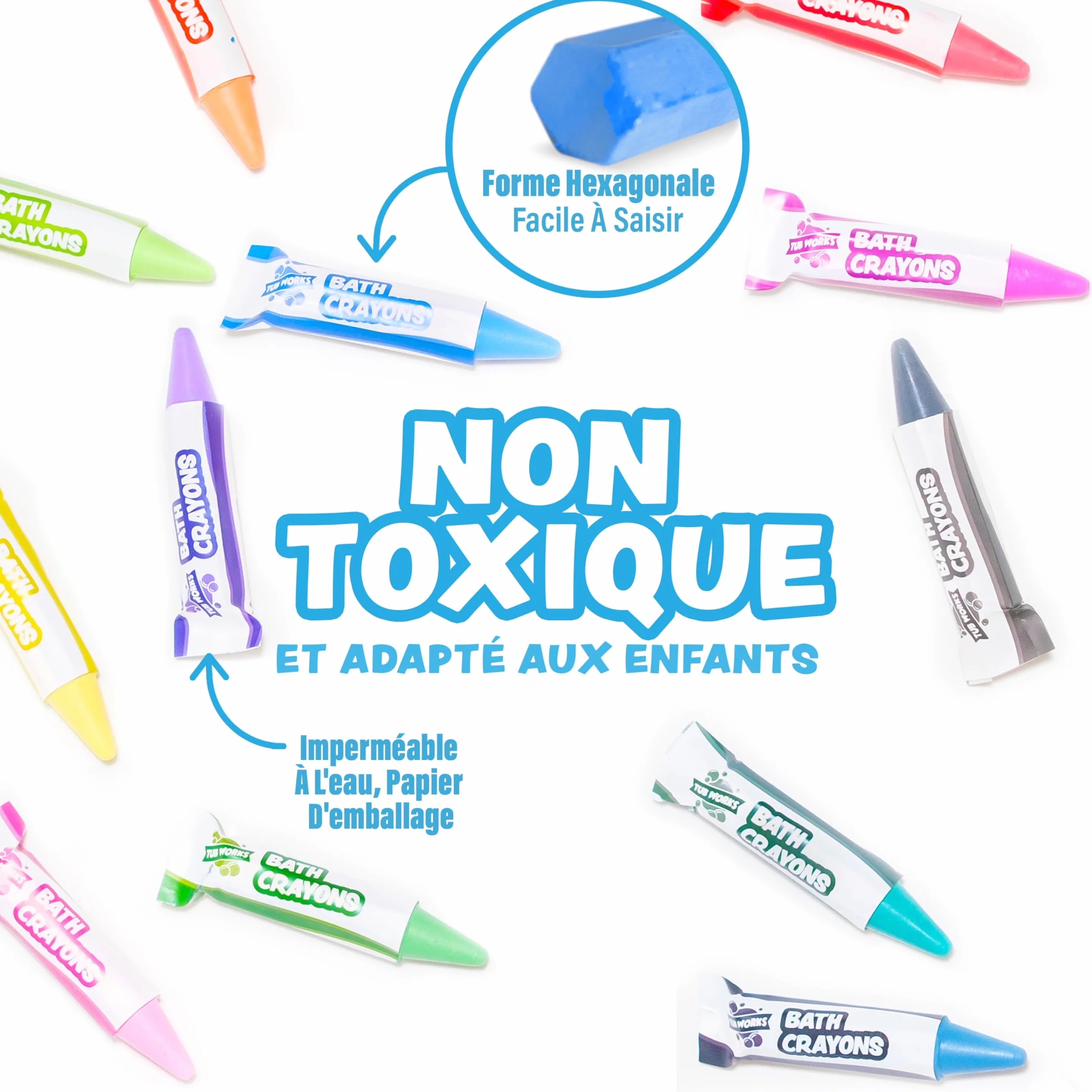 Crayons de Bain Non Toxiques Lavables Lot de 12 Hexagonale pour Enfants